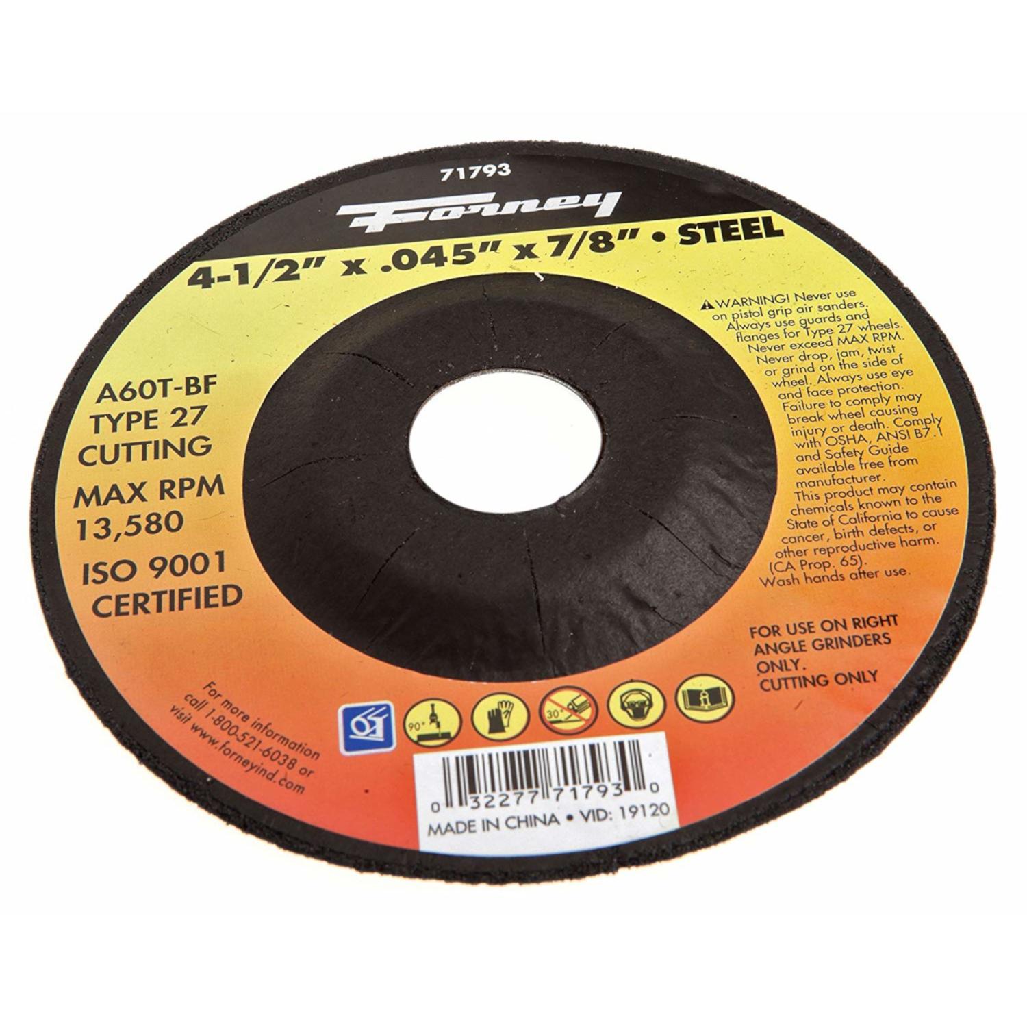 Forney 4-1/2 in. D X 7/8 in. X.045 in. thick Aluminum Oxide Metal Cut-Off Wheel 1 pc
