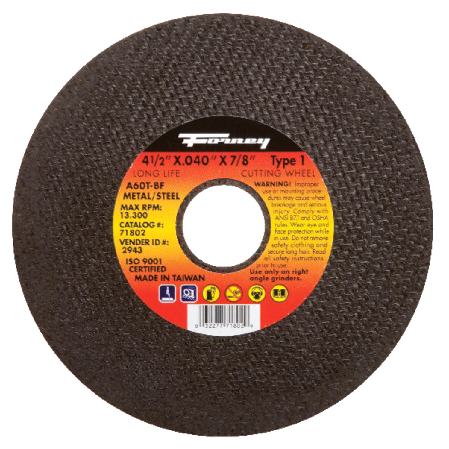 Forney 4-1/2 in. D X 7/8 in. X.040 in. thick Aluminum Oxide Metal Cut-Off Wheel 1 pc