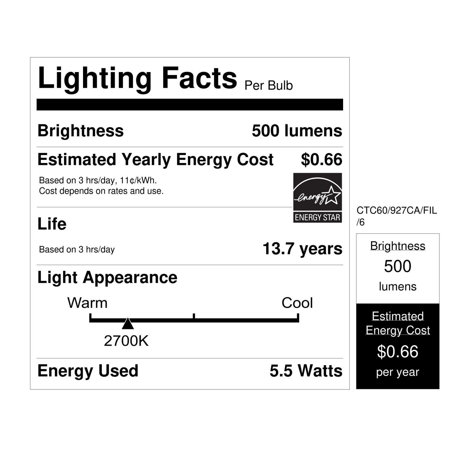 Feit Enhance B10 E12 (Candelabra) LED Bulb Soft White 60 Watt Equivalence 6 pk