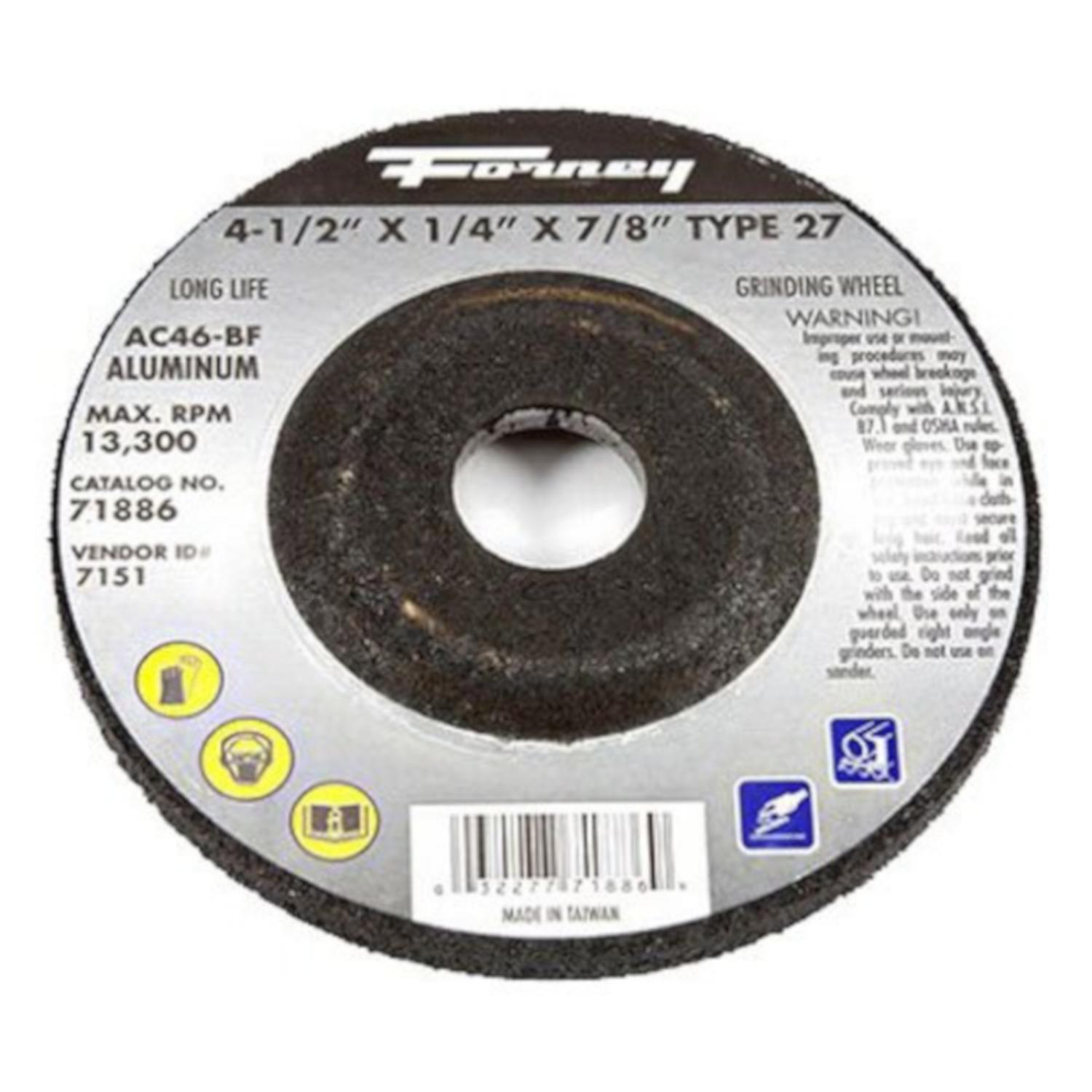 Forney 4-1/2 in. D X 7/8 in. in. X 1/4 in. thick Metal Grinding Wheel 1 pc