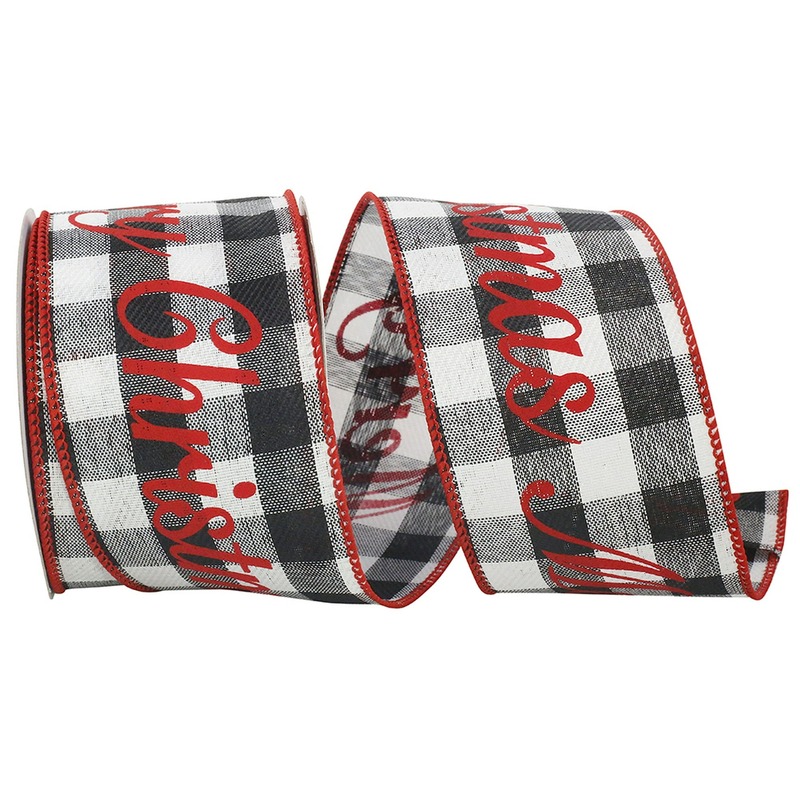 Reliant Ribbon Merry Christmas Celine Plaid Twill Wired Ribbon, Black/white, 2-1/2 in., 10 Yards