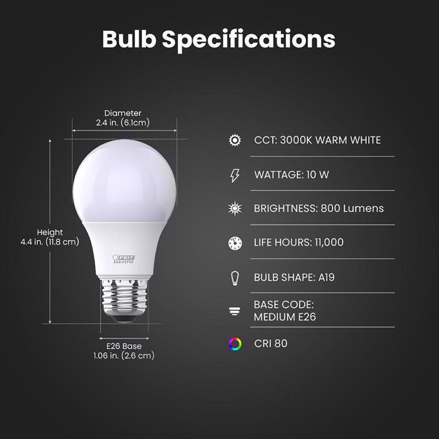 Feit A19 E26 (Medium) LED Bulb Soft White 60 Watt Equivalence 10 pk