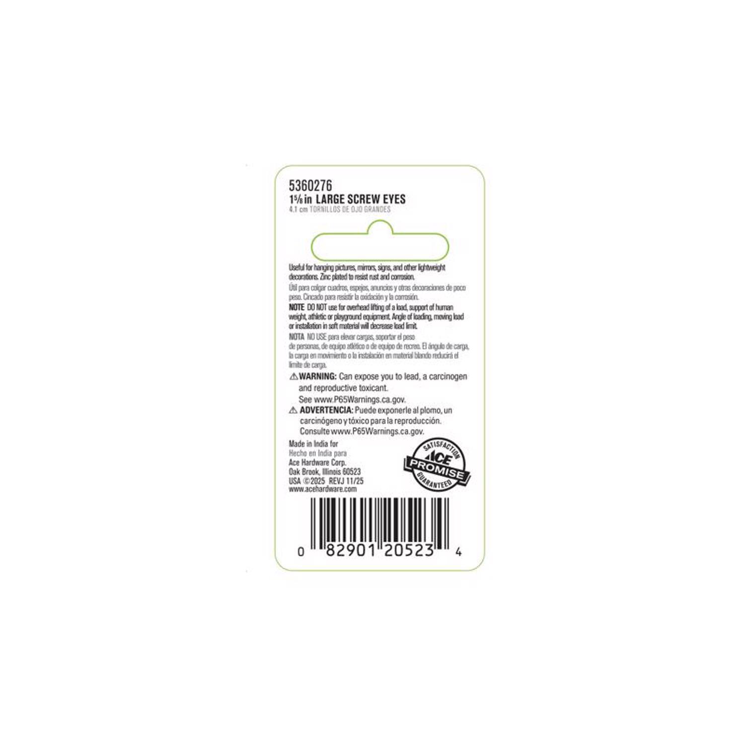 Ace 3/16 in. D X 1-5/8 in. L Zinc-Plated Steel Screw Eye 60 lb. cap. 6 pk
