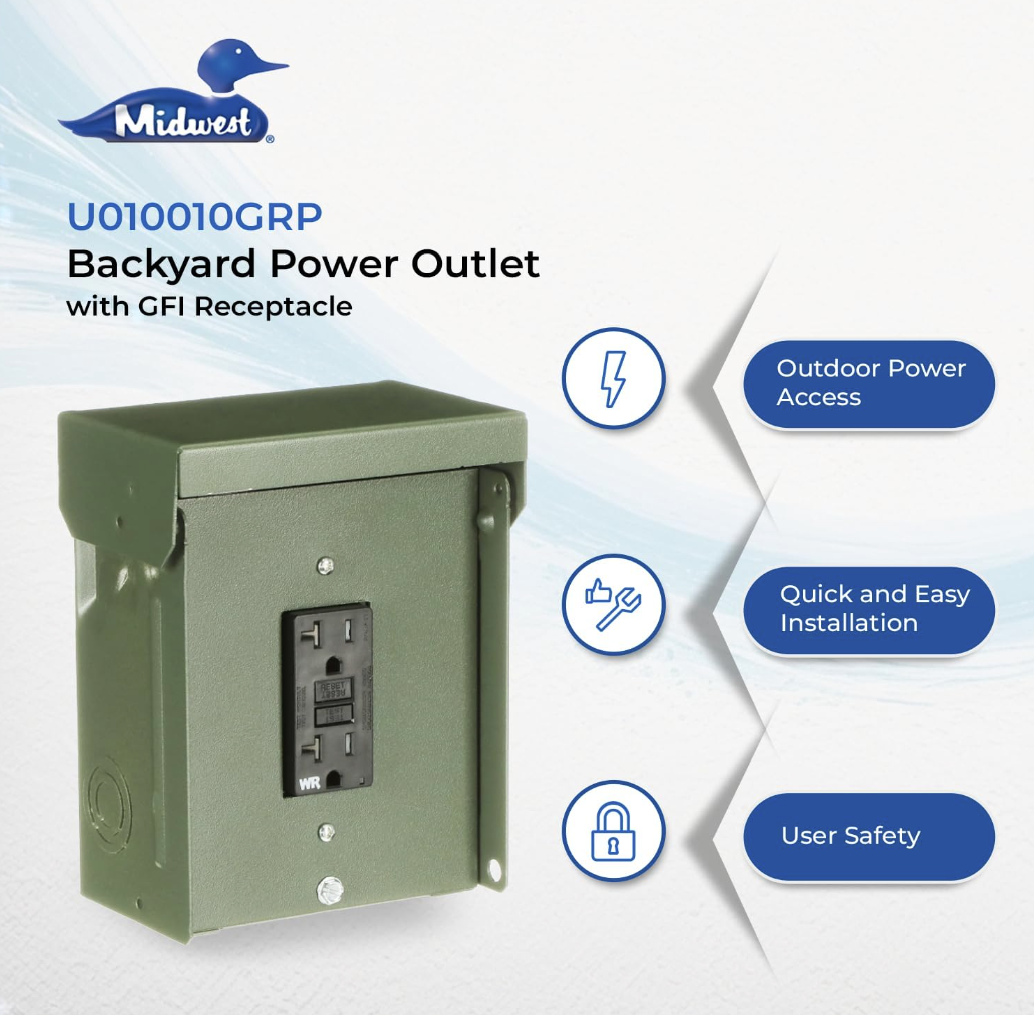 MIDWEST U010010GRP 20A Backyard Power Outlet &bull; Single GFI Receptacle &bull; Weather-Resistant Power Outlet with one 20A Duplex GFI Receptacle &bull; Green Outdoor Metal Enclosure &bull; Factory Assembled