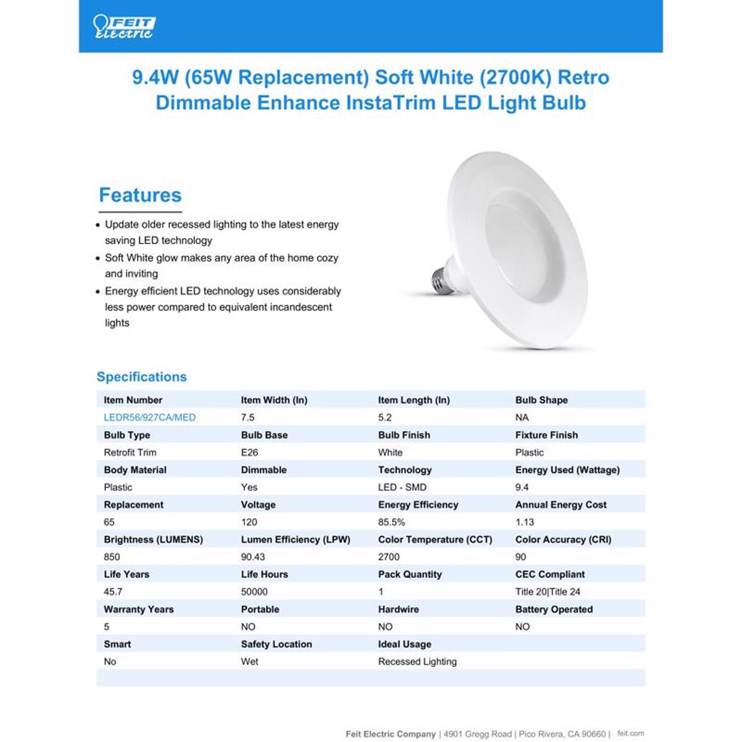 Feit LED Retrofits White 7.5 in. W LED Retrofit Kit 11.3 W