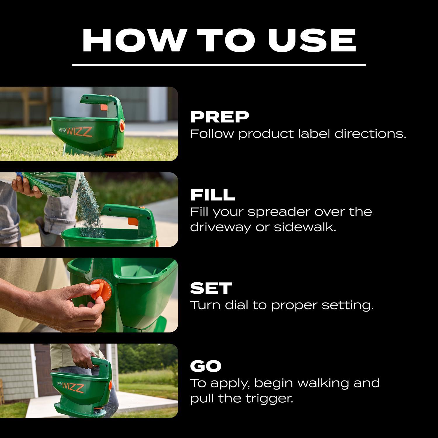Scotts Wizz 60 in. W Handheld Spreader For Fertilizer/Ice Melt/Seed 4 lb