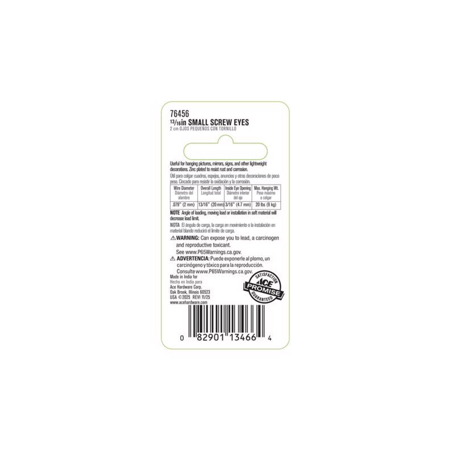 Ace 3/32 in. D X 13/16 in. L Zinc-Plated Steel Screw Eye 20 lb. cap. 14 pk