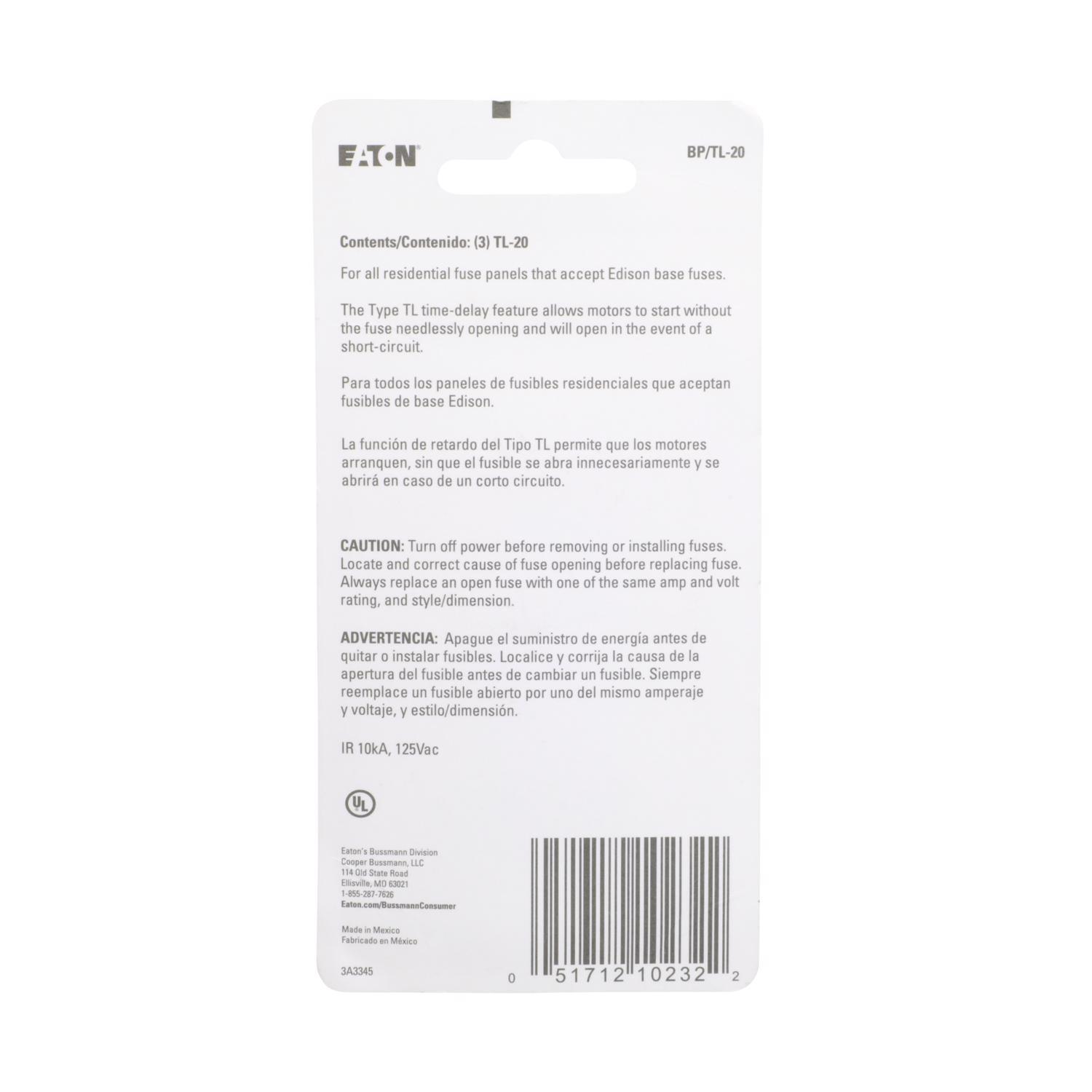 Bussmann 20 amps Time Delay Plug Fuse 3 pk