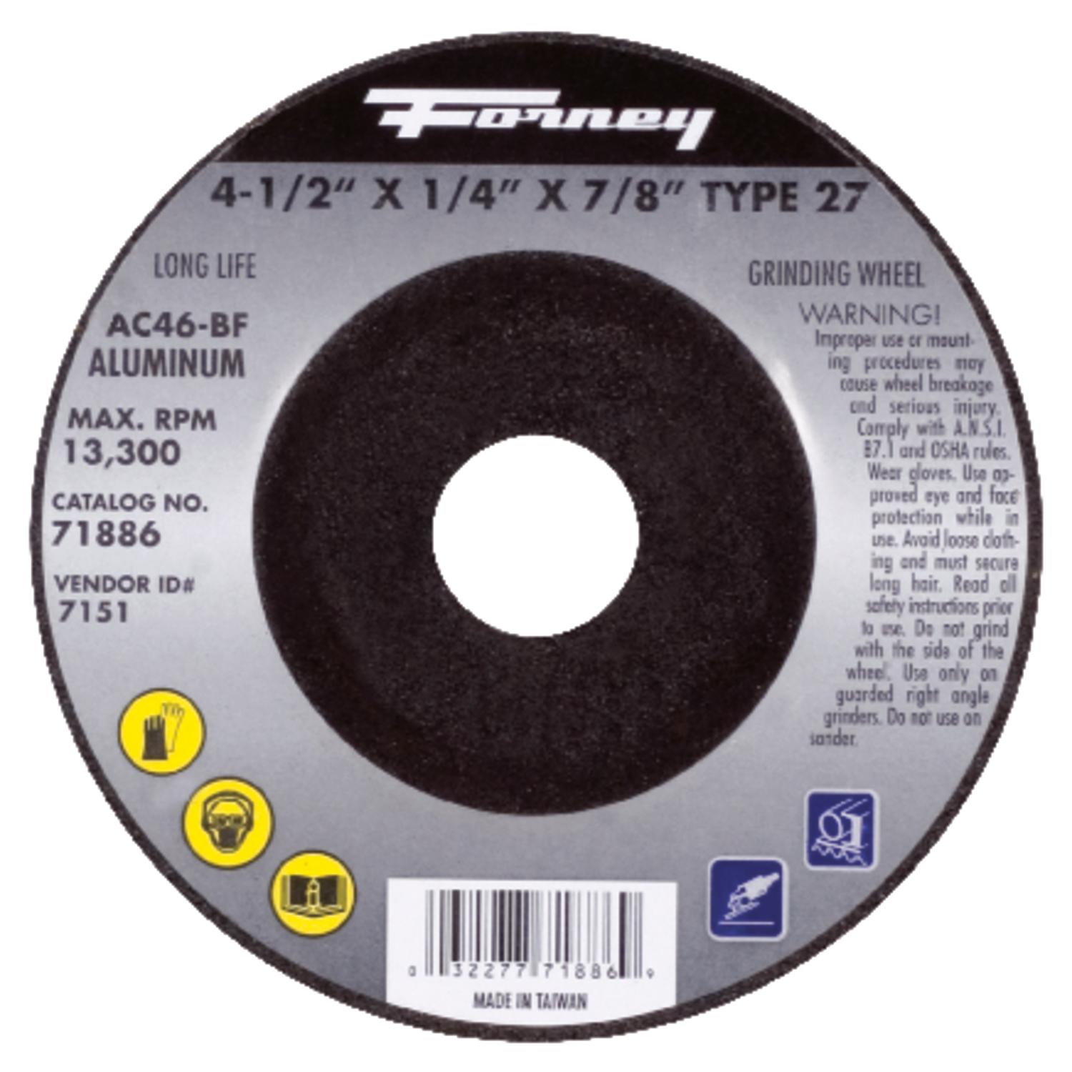 Forney 4-1/2 in. D X 7/8 in. in. X 1/4 in. thick Metal Grinding Wheel 1 pc