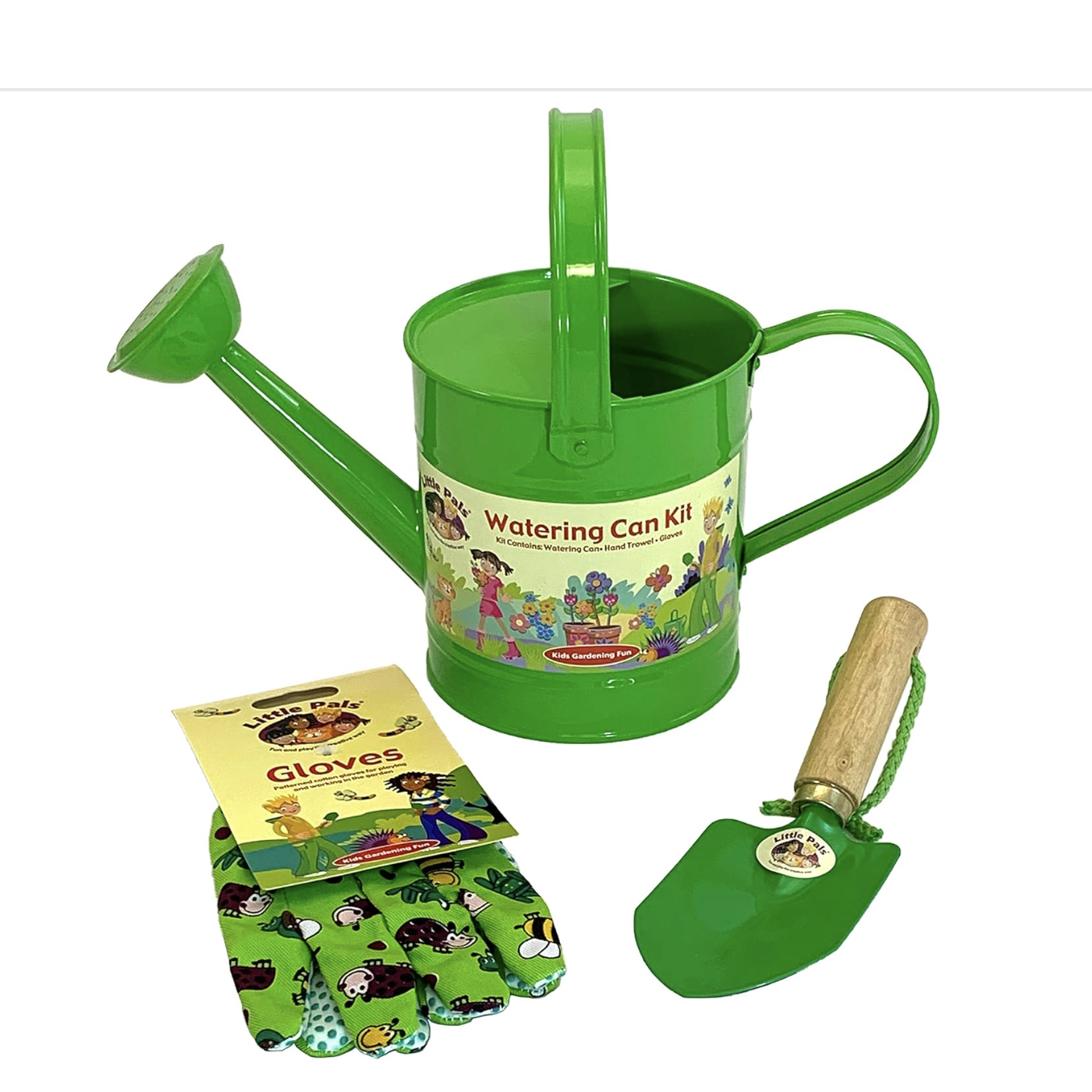 Tierra Garden Little Pals Kids Green Metal Watering Can Kit with Trowel and pair of Gloves