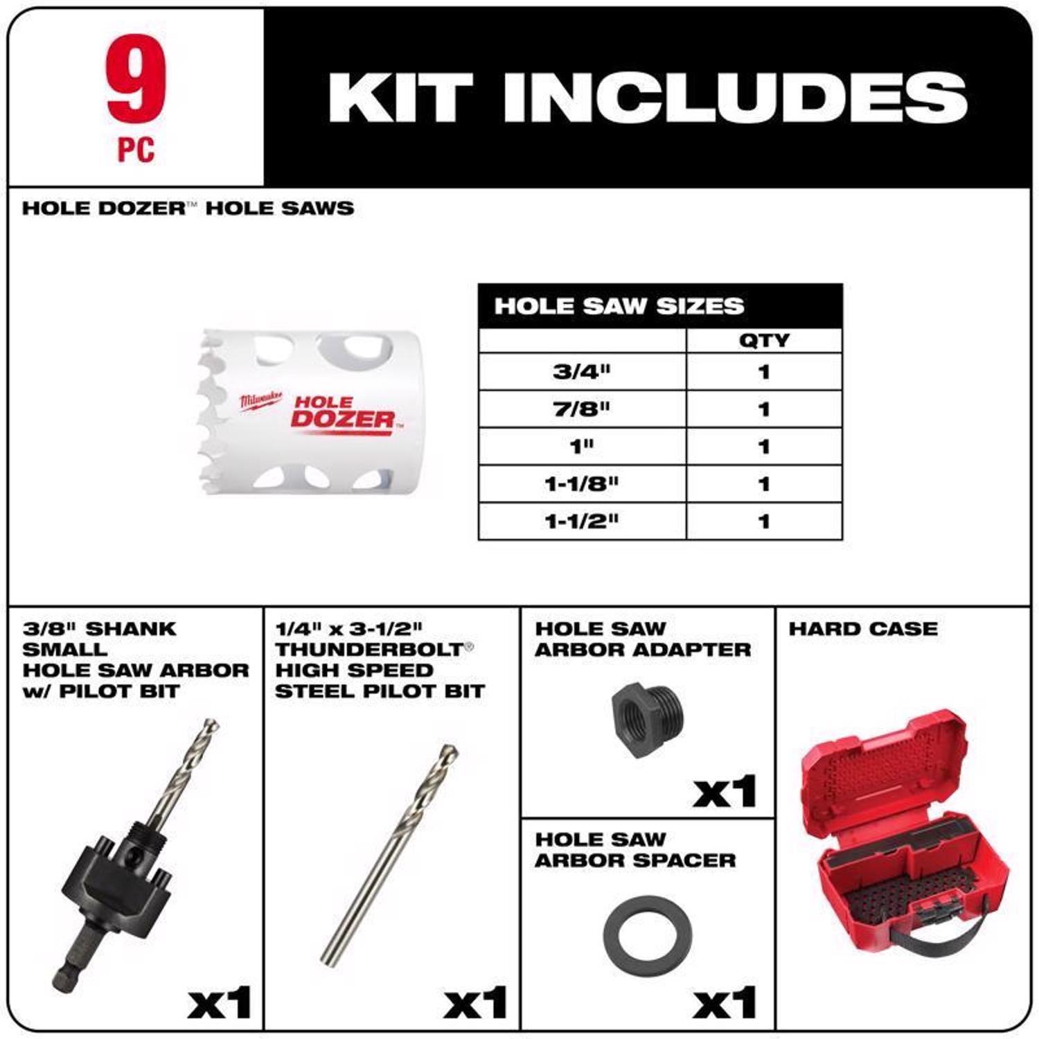 Milwaukee Hole Dozer Assorted Bi-Metal Hole Saw Kit Arbor Included