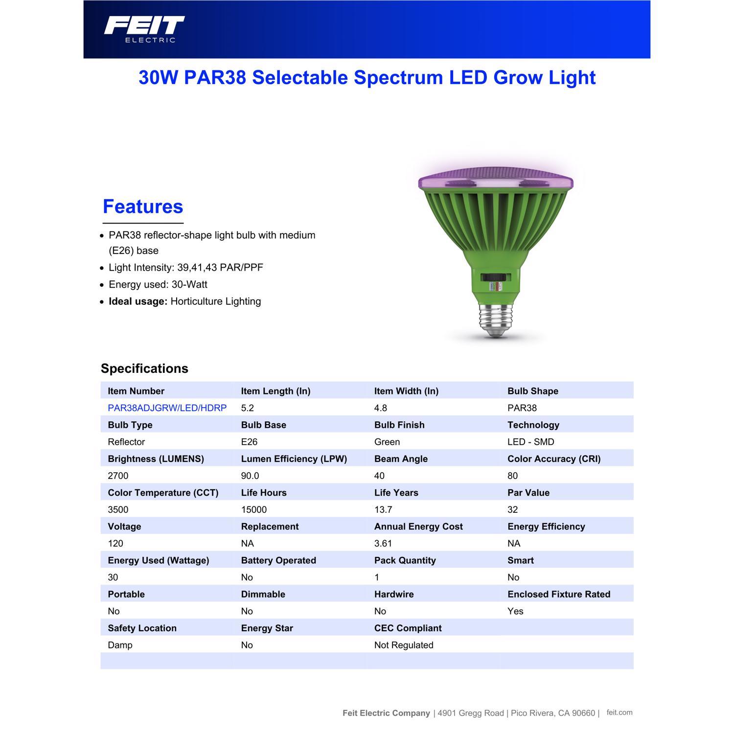 Feit PAR38 E26 (Medium) LED Grow Light Clear 30 Watt Equivalence 1 pk