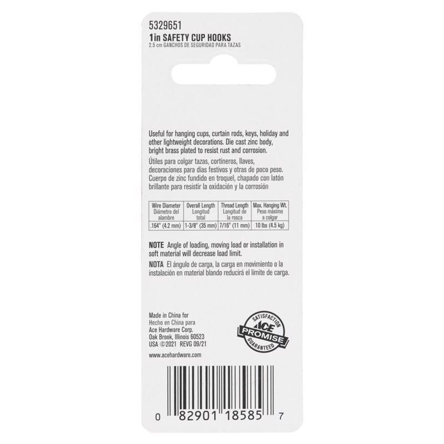 Ace Medium Bright Brass Gold Zinc 1 in. L Safety Cup Hook 10 lb 4 pk