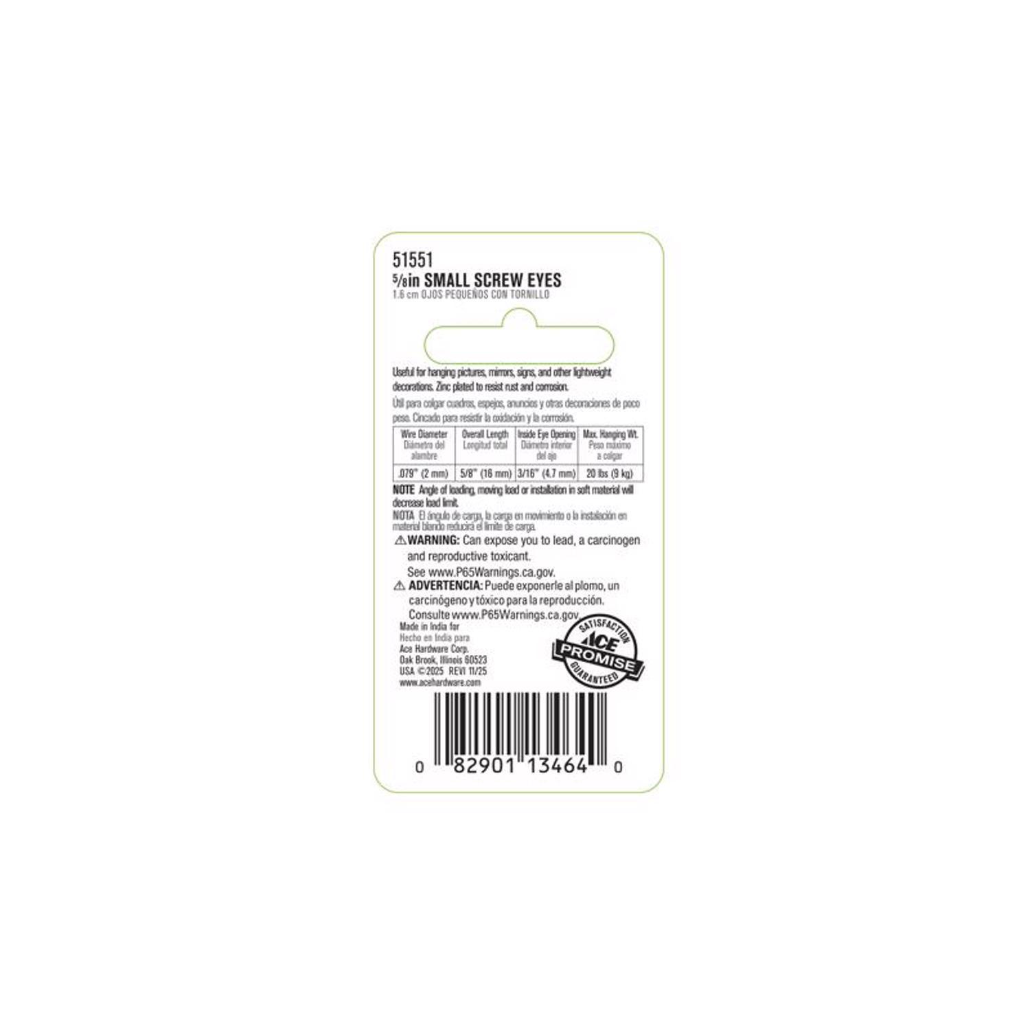Ace 3/32 in. D X 5/8 in. L Zinc-Plated Steel Screw Eye 20 lb. cap. 14 pk