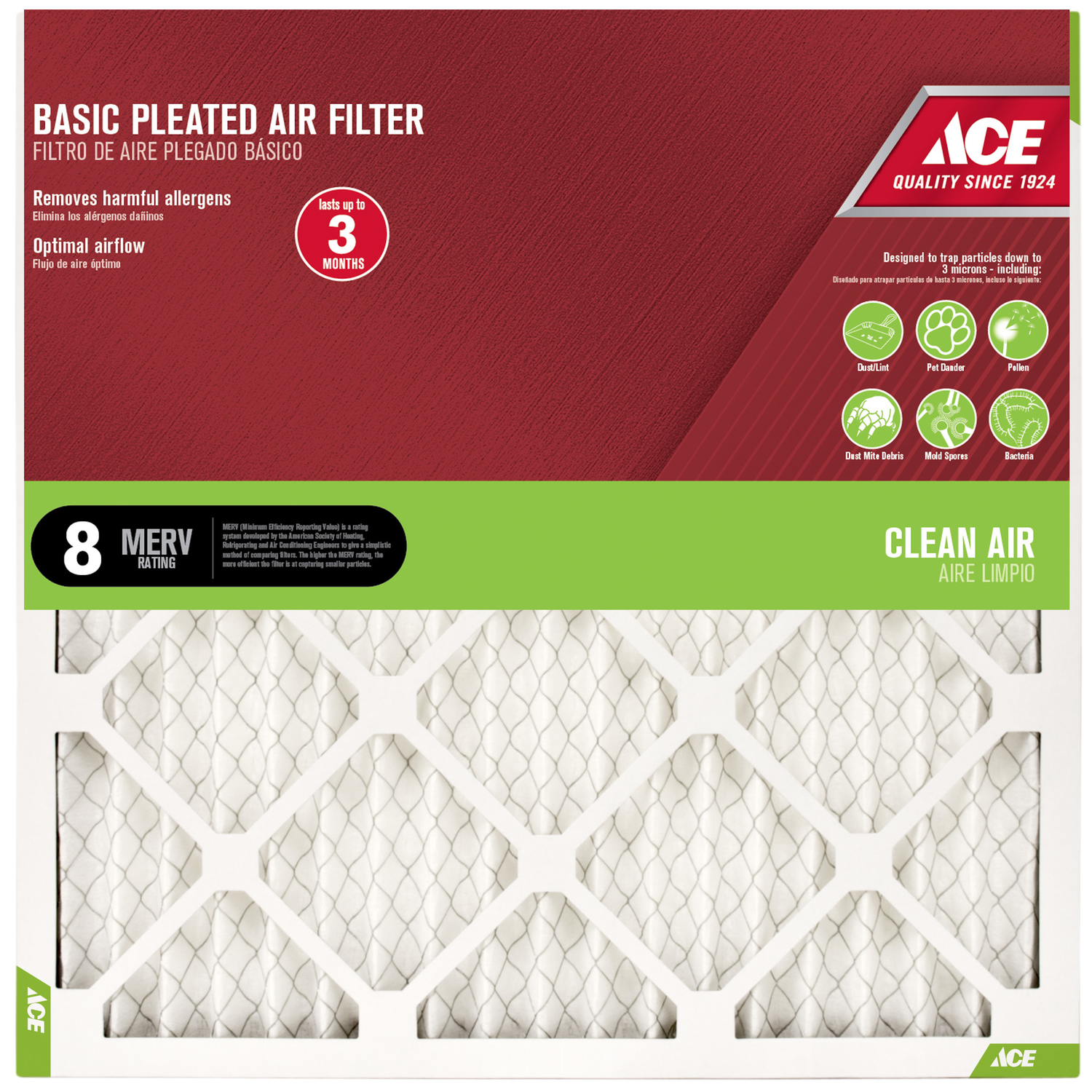 Ace 16 in. W X 16 in. H X 1 in. D Cotton 8 MERV Pleated Air Filter 1 pk
