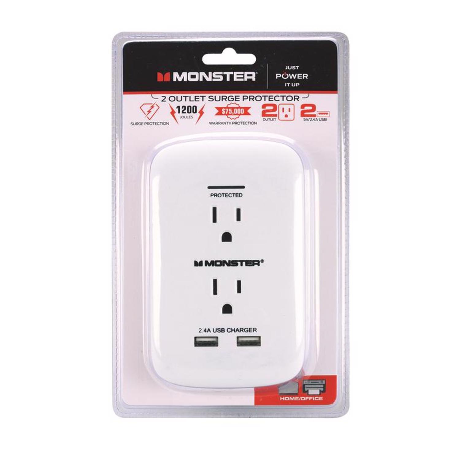 Monster Just Power It Up 0 ft. L 2 outlets Wall Tap Surge Protector White 1200 J