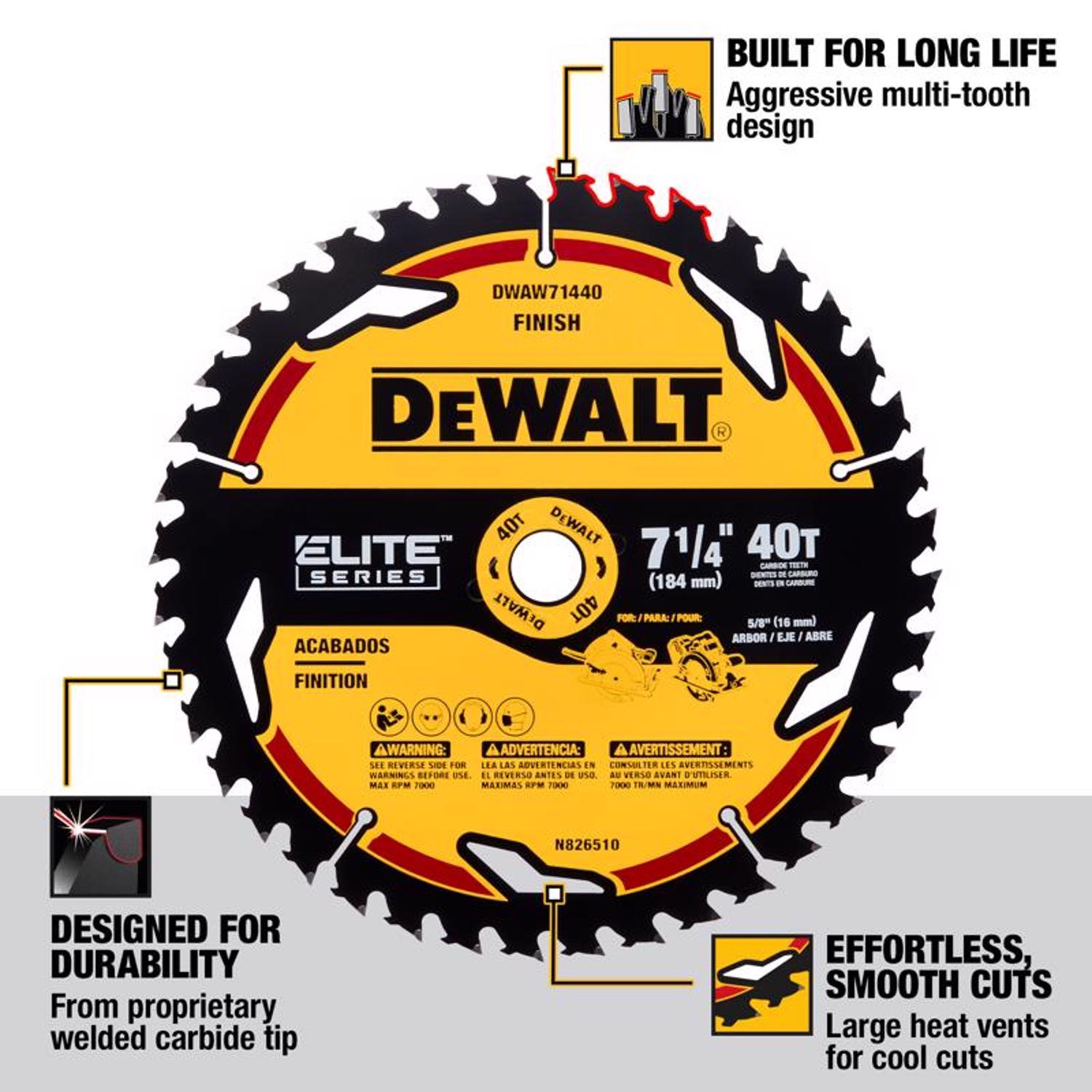 DEWALT Elite Series 7-1/4 in. D X 5/8 in. Carbide Circular Saw Blade 40 teeth 1 pk