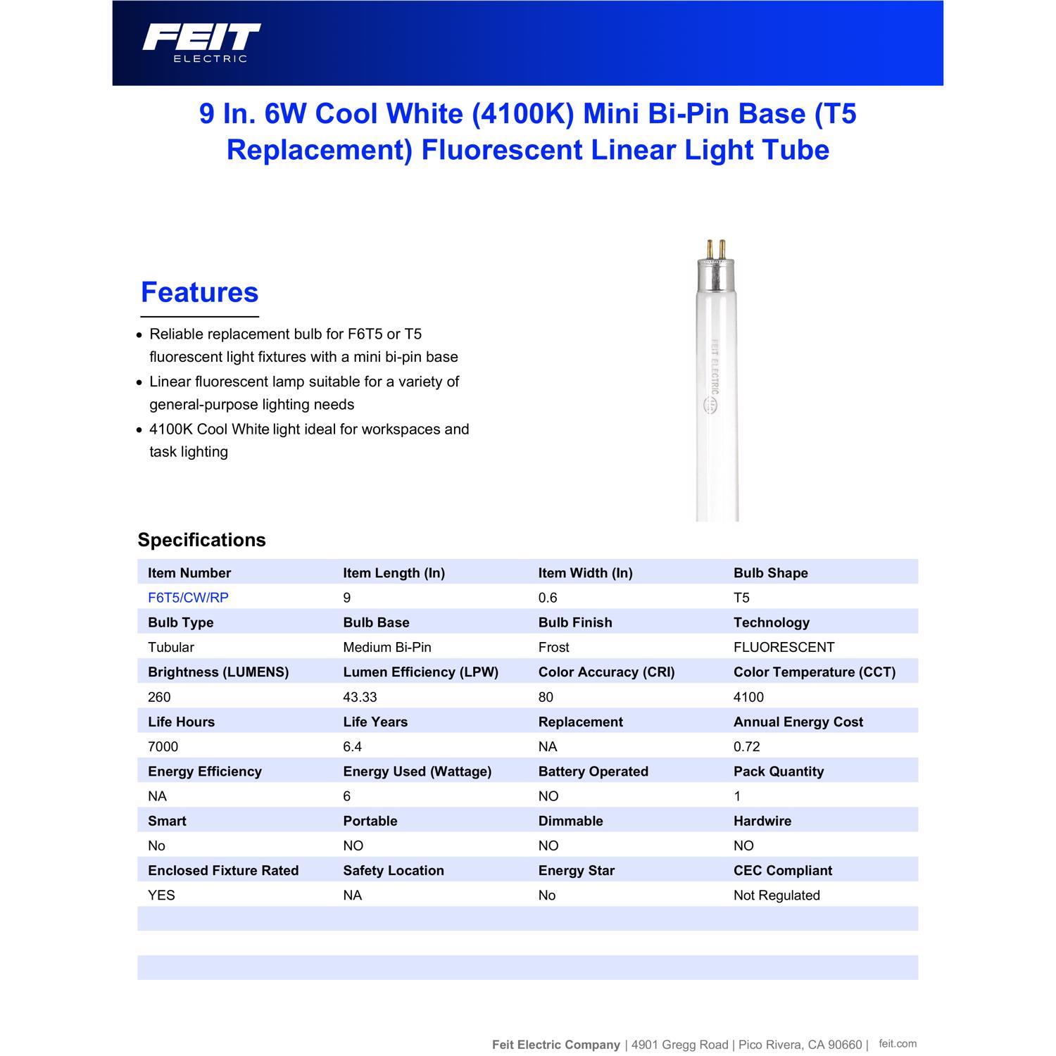 Feit Legacy Bulbs 6 W T5 0.63 in. D X 9 in. L Fluorescent Bulb Cool White Linear 4100 K 1 pk