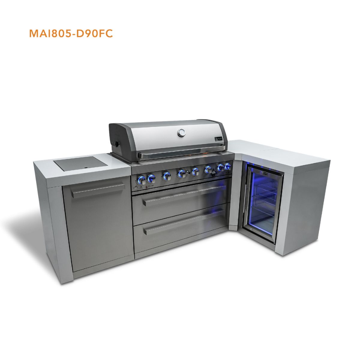 Mont Alpi 6-Burner Deluxe island with a 90-degree corner and a fridge cabinet