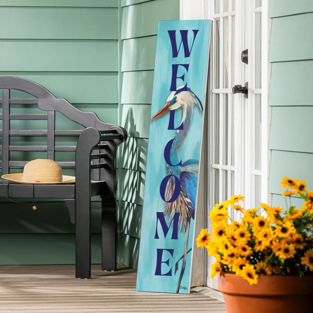 Evergreen Seaside Retreat Porch Leaner, Welcome Heron 46 in.H
