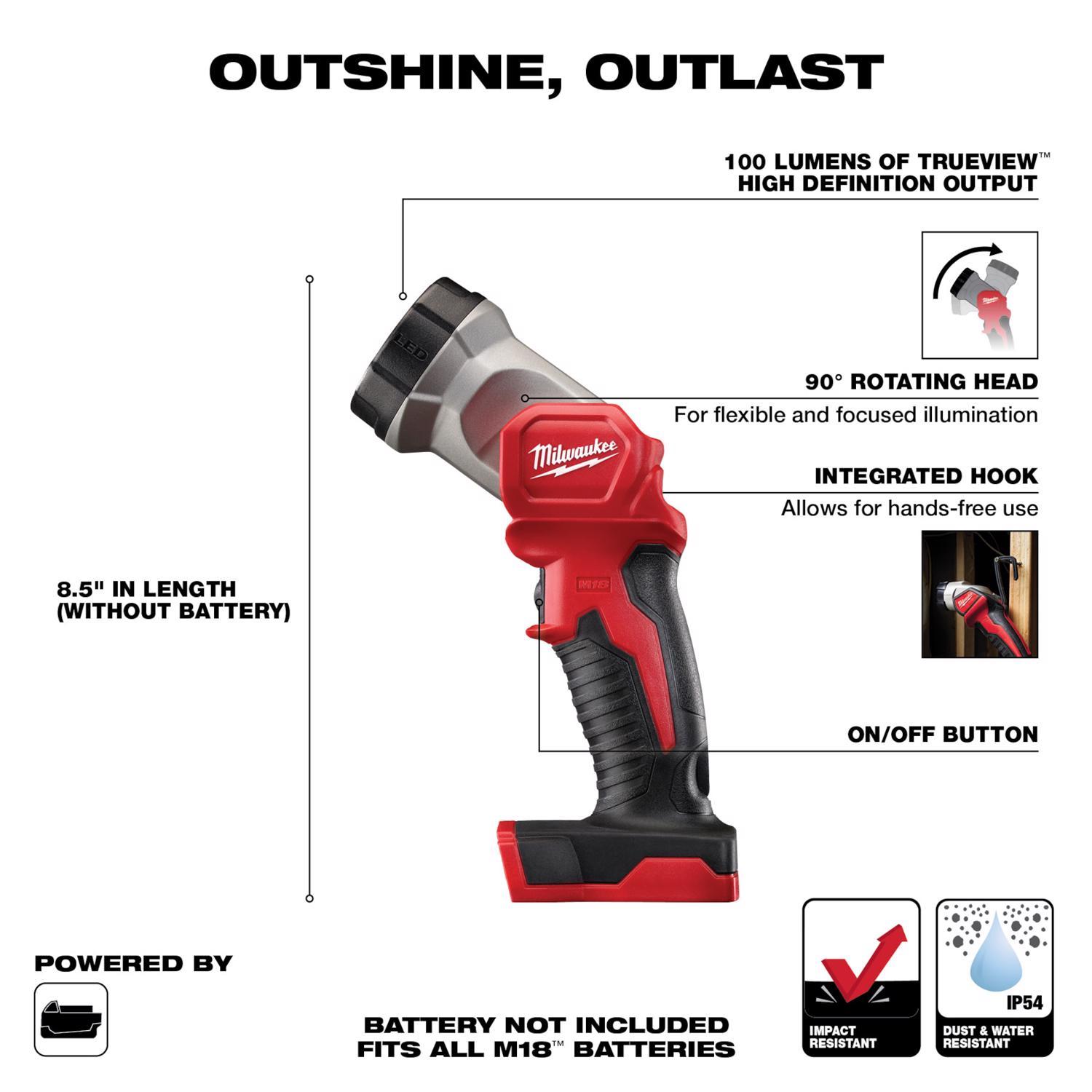 Milwaukee M18 100 lm Black/Red LED Rechargeable Work Light Flashlight