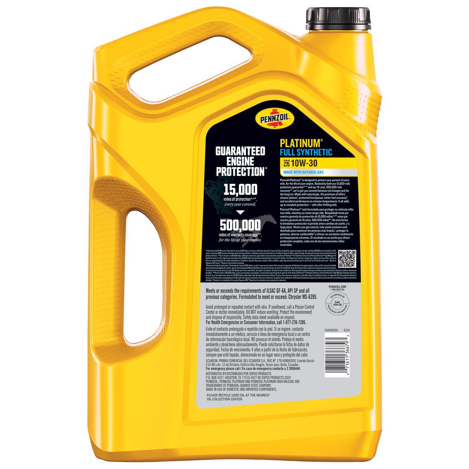 Pennzoil Platinum 10W-30 Gasoline Synthetic Motor Oil 5 qt 1 pk