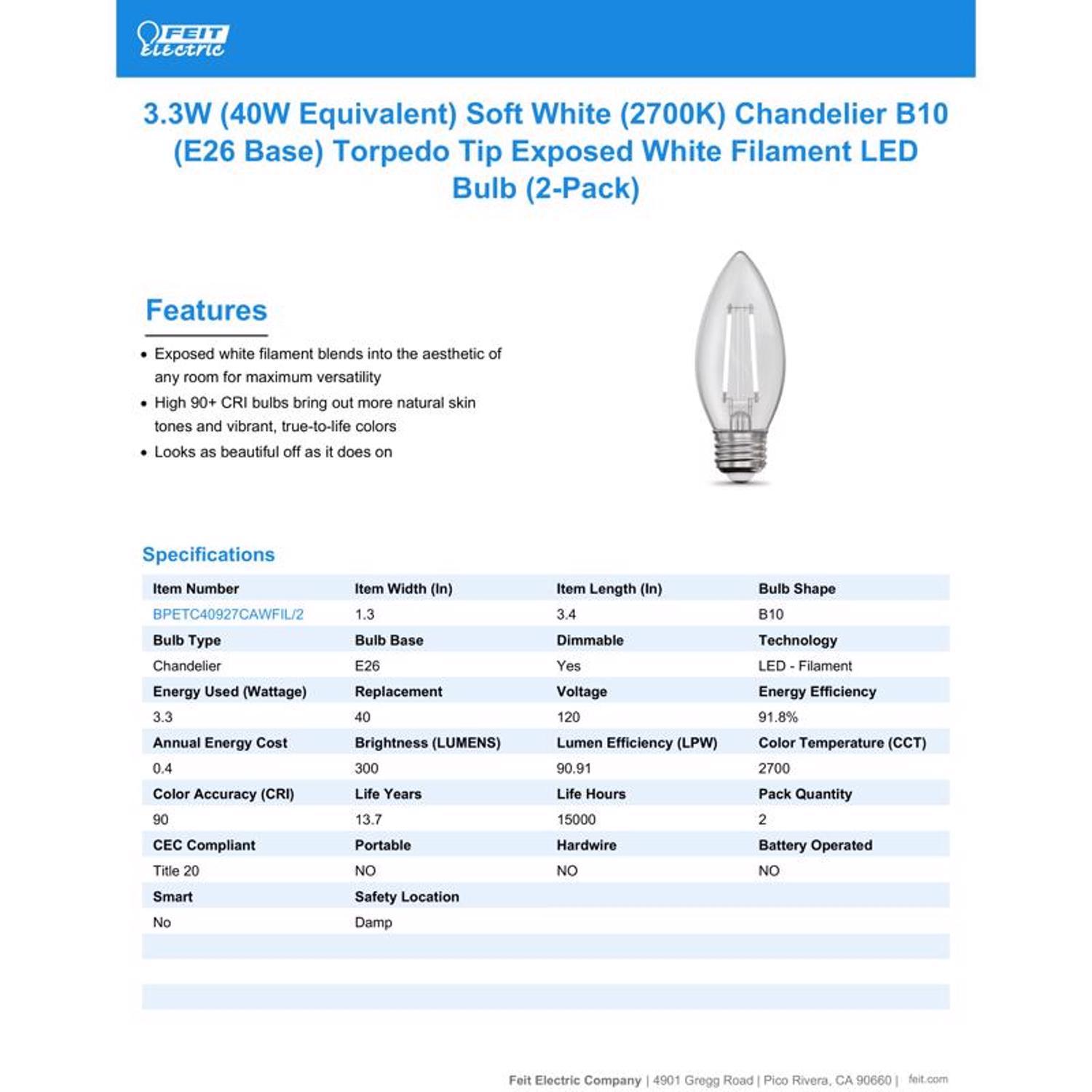 Feit White Filament B10 E26 (Medium) Filament LED Bulb Soft White 40 Watt Equivalence 2 pk