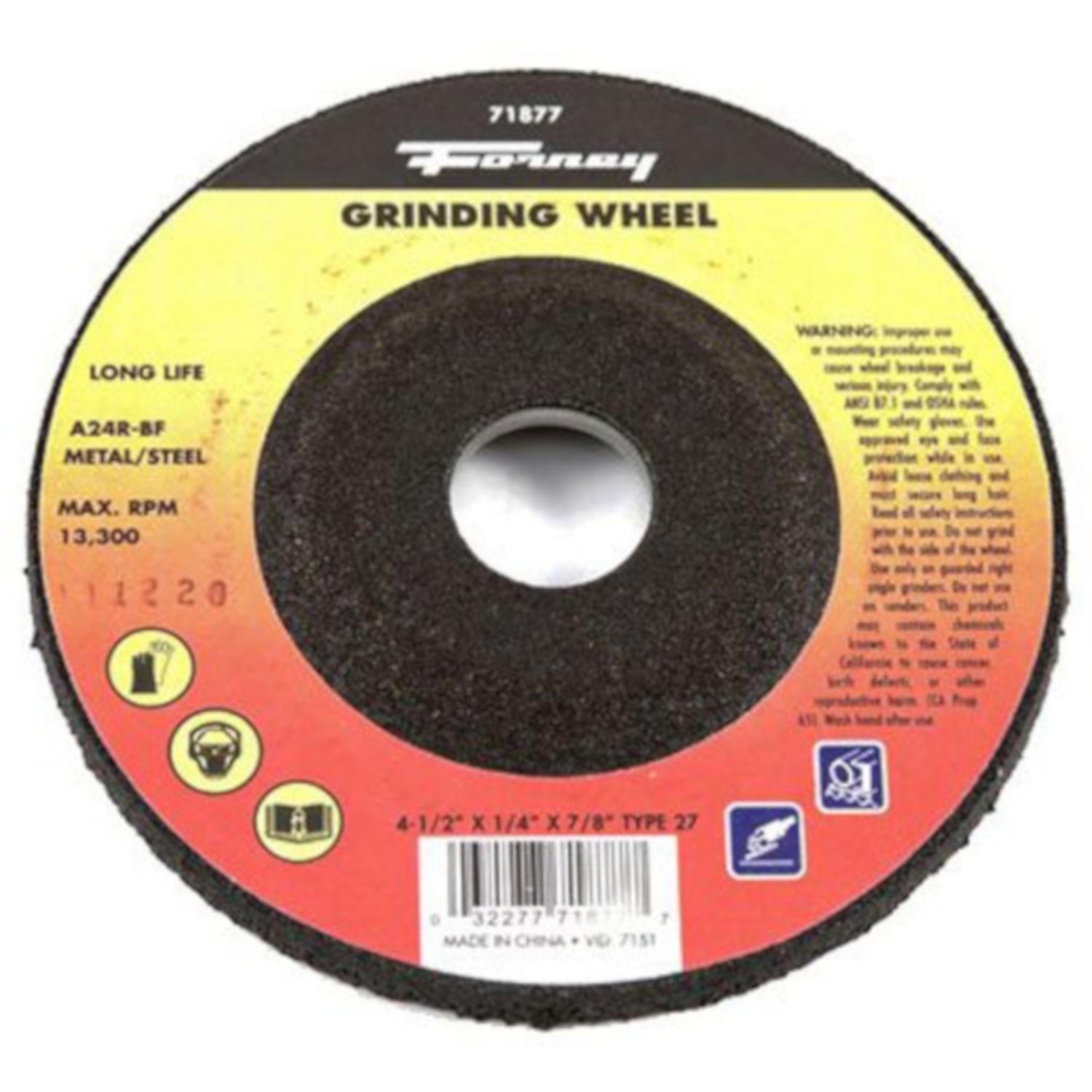 Forney 4-1/2 in. D X 7/8 in. in. X 1/4 in. thick Metal Grinding Wheel 1 pc