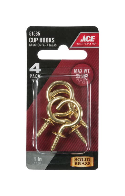 Ace Medium Polished Brass Green Brass 1 in. L Cup Hook 25 lb 4 pk