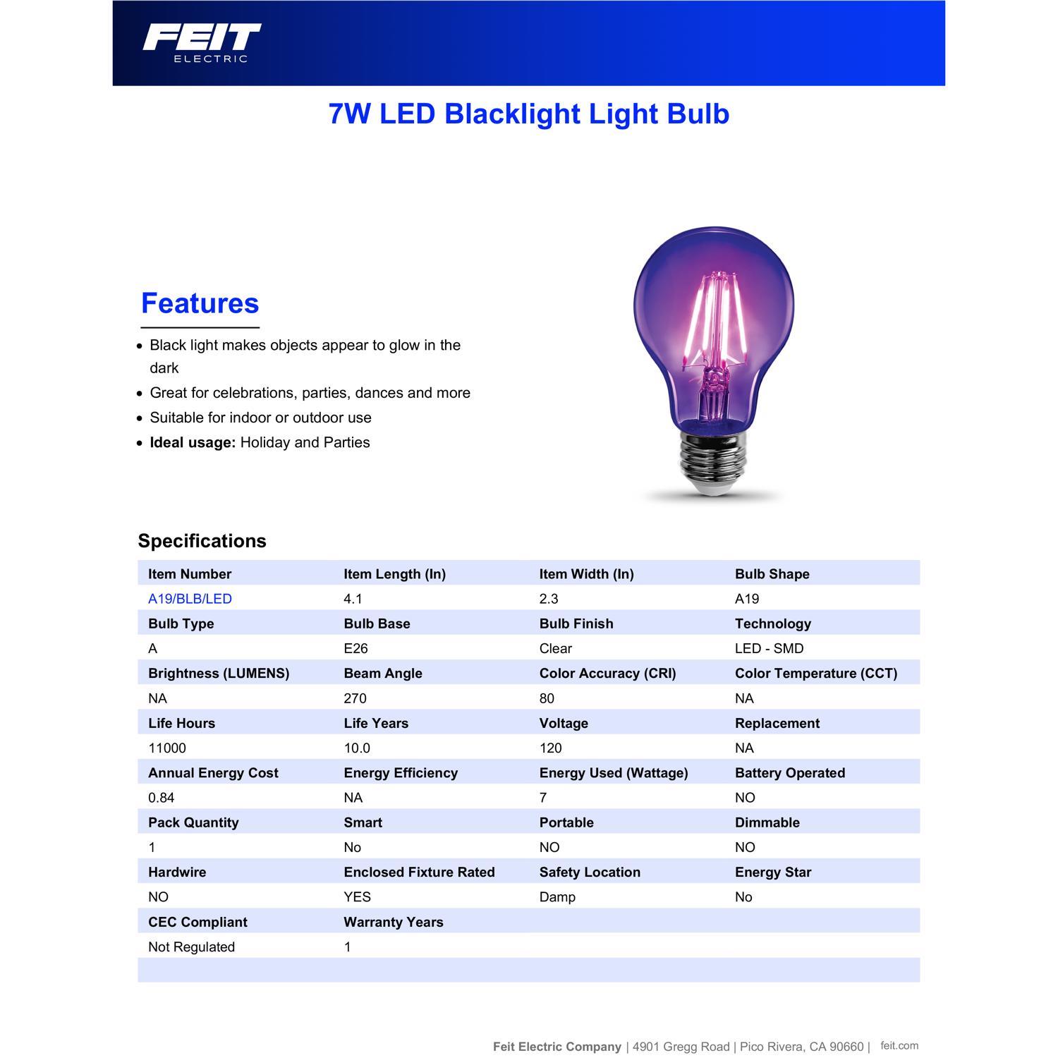 Feit A19 E26 (Medium) LED Bulb Black Light 7 Watt Equivalence 1 pk