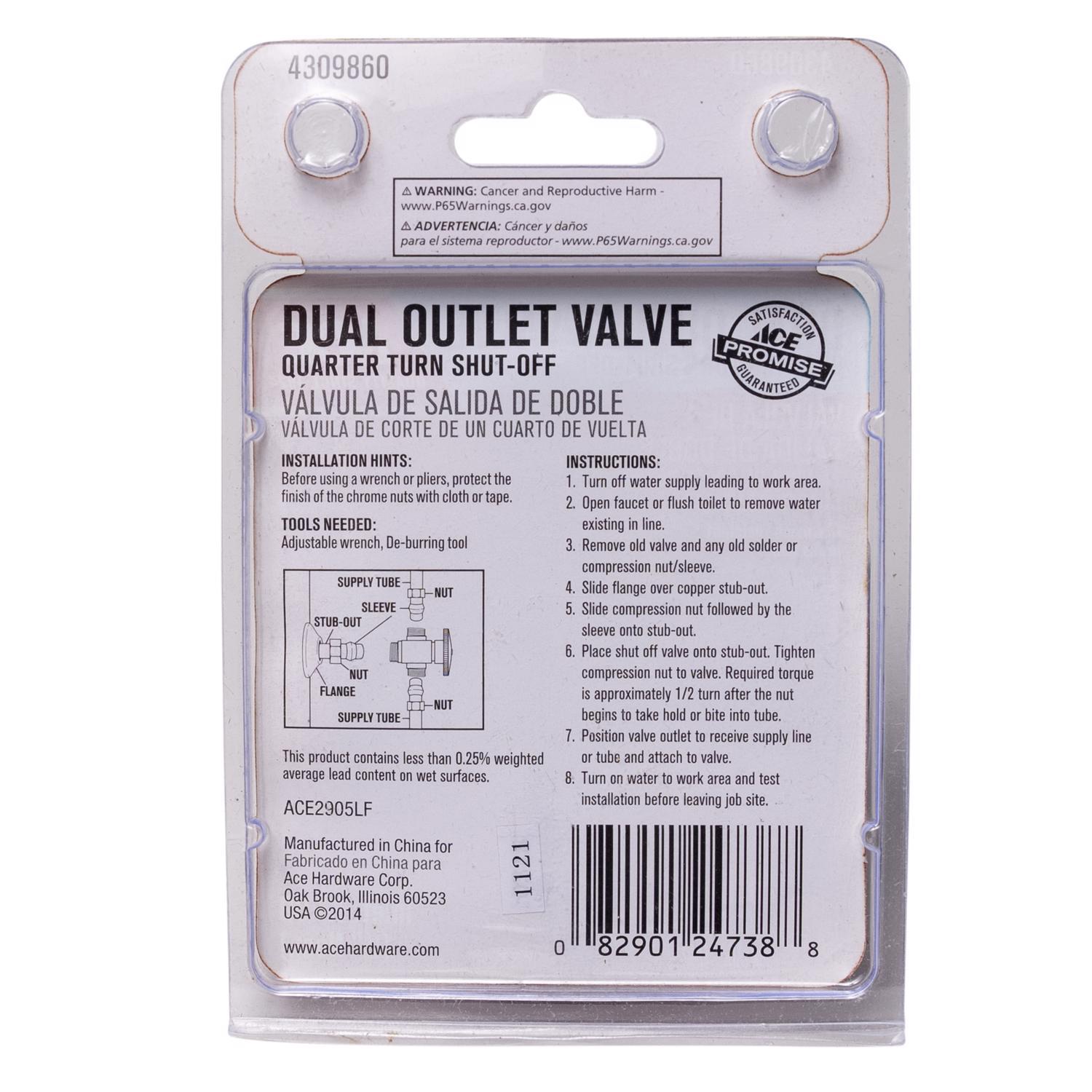 Ace 5/8 in. FPT X 1/2 in. Brass Dual Outlet Angle Stop