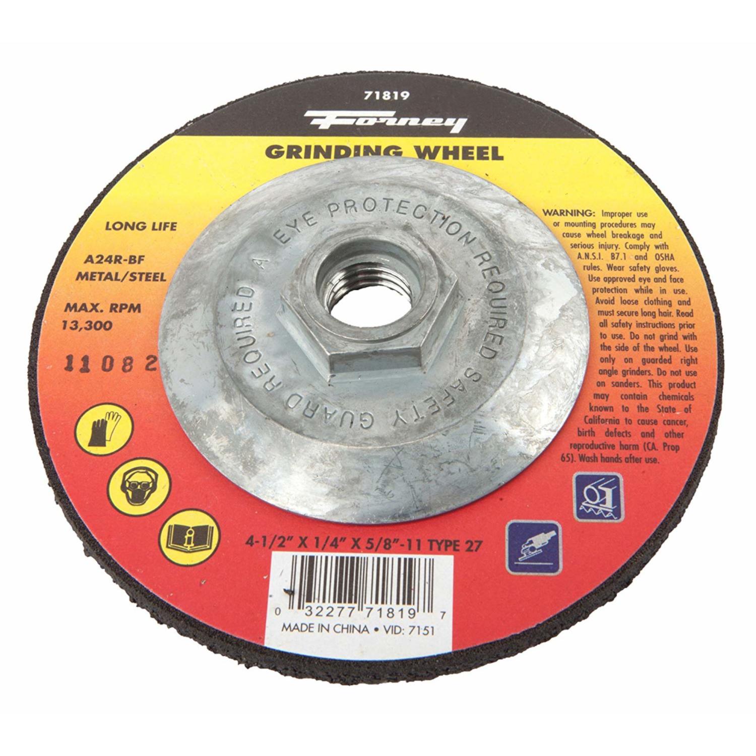Forney 4-1/2 in. D X 5/8 in. in. X 1/4 in. thick Metal Grinding Wheel 1 pc
