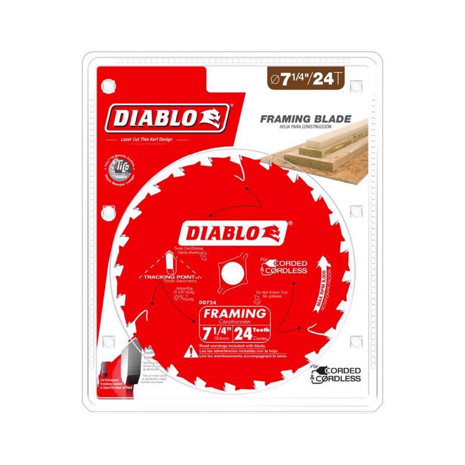 Diablo Tracking Point 7-1/4 in. D X 5/8 in. TiCo Hi-Density Carbide Framing Blade 24 teeth 1 pk