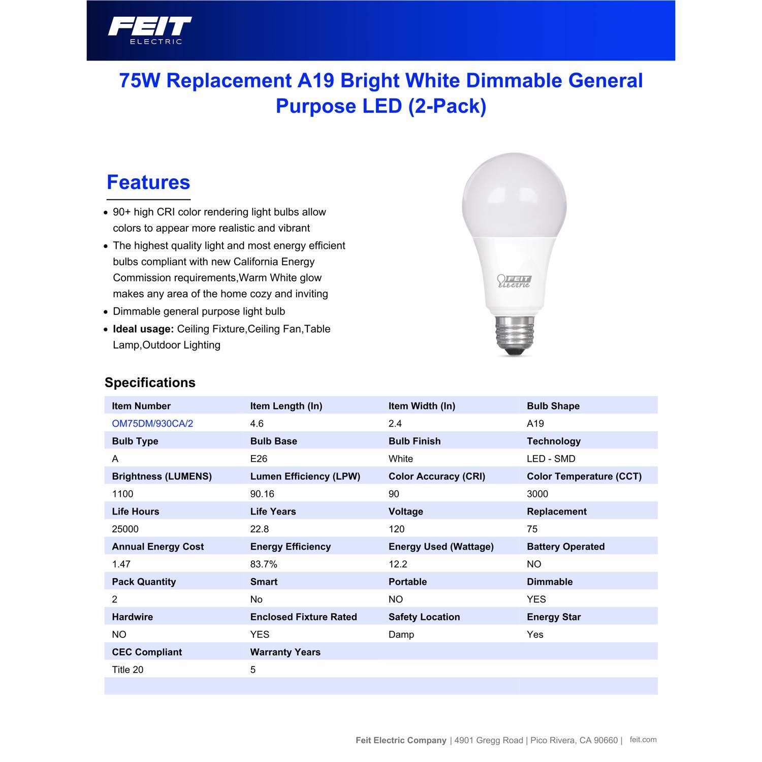 Feit Enhance A19 E26 (Medium) LED Bulb Bright White 75 Watt Equivalence 2 pk
