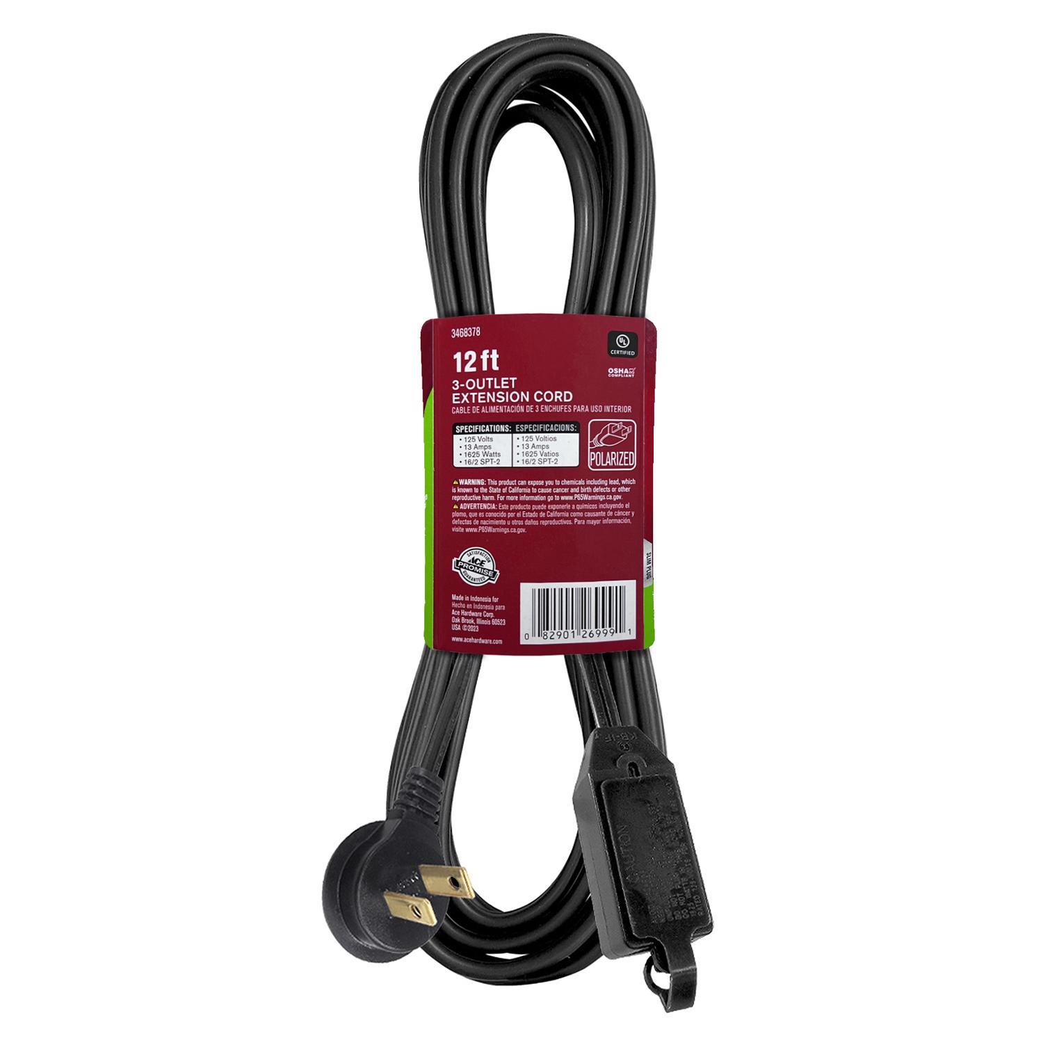 Ace Indoor 12 ft. L Black Extension Cord 16/2 SPT-2