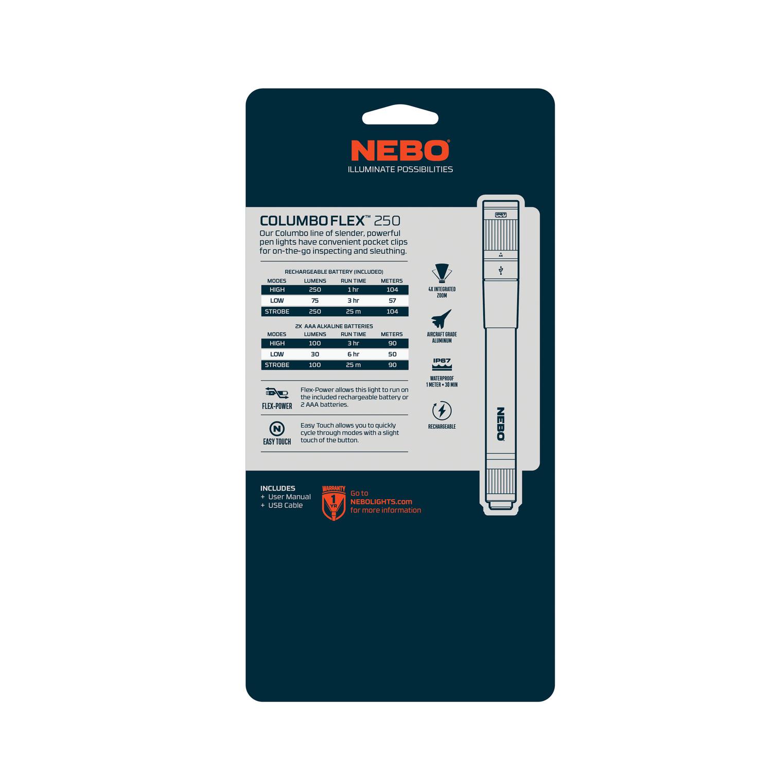 NEBO Columbo 250 lm Black LED Rechargeable Pen Light 10850 Battery