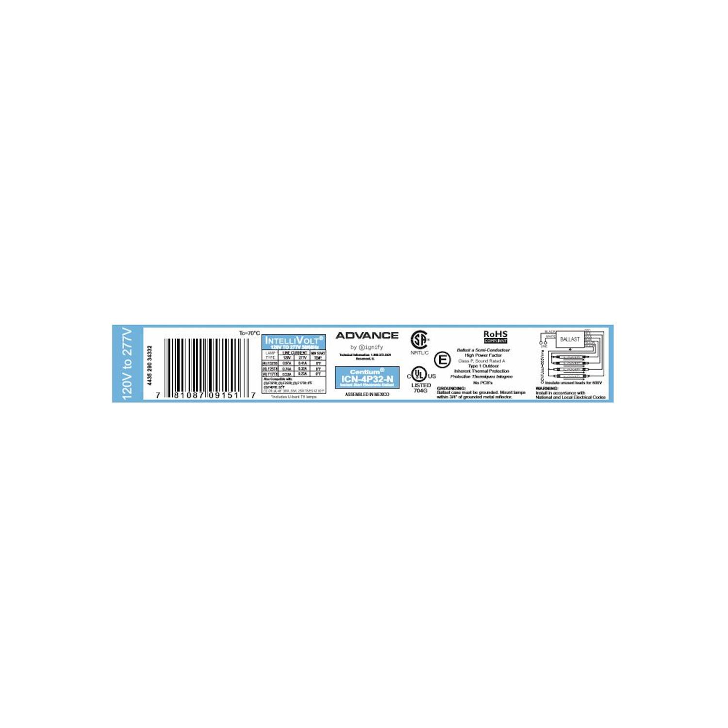 Philips Advance 32 W 120 V 4 lights Fluorescent Ballast For T8
