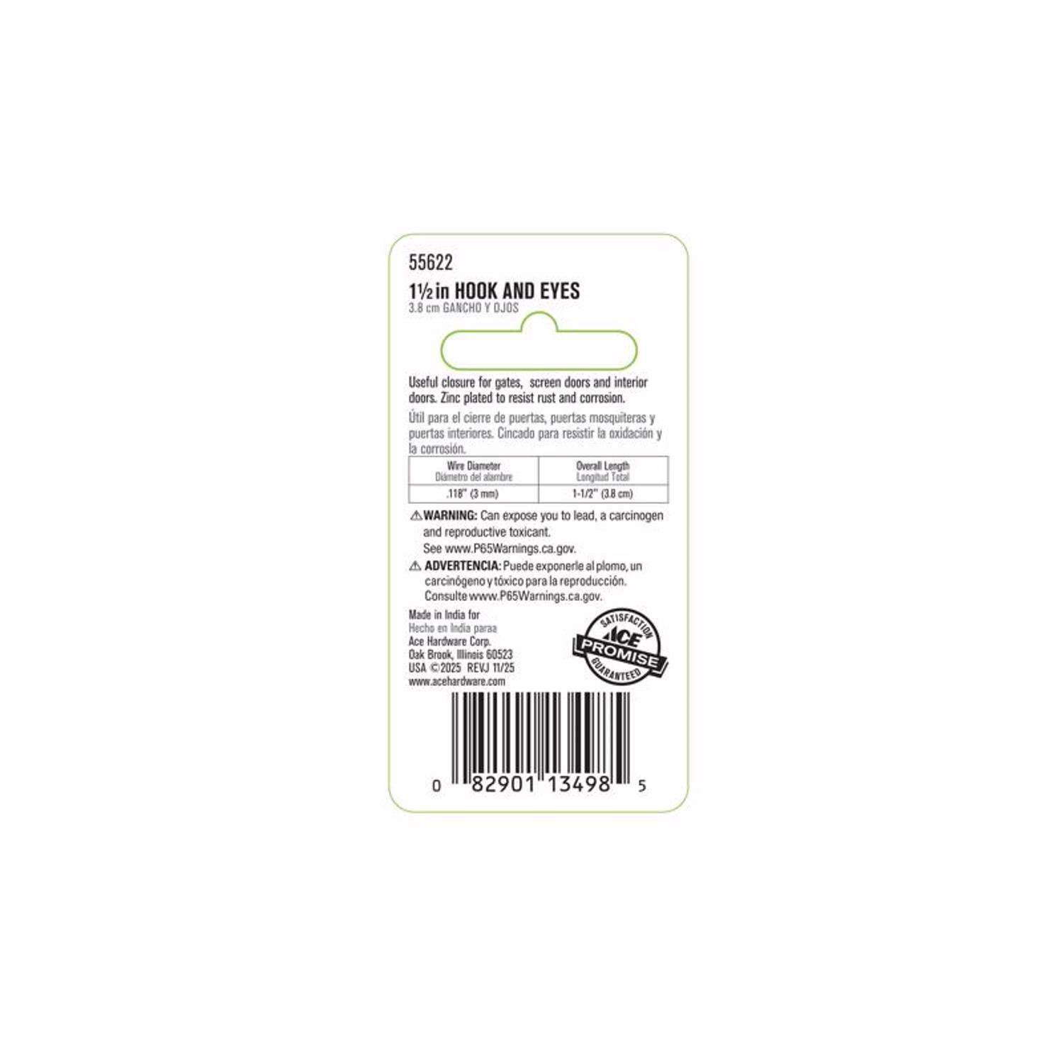 Ace Small Zinc-Plated Silver Steel 1.5 in. L Hook and Eye 2 pk