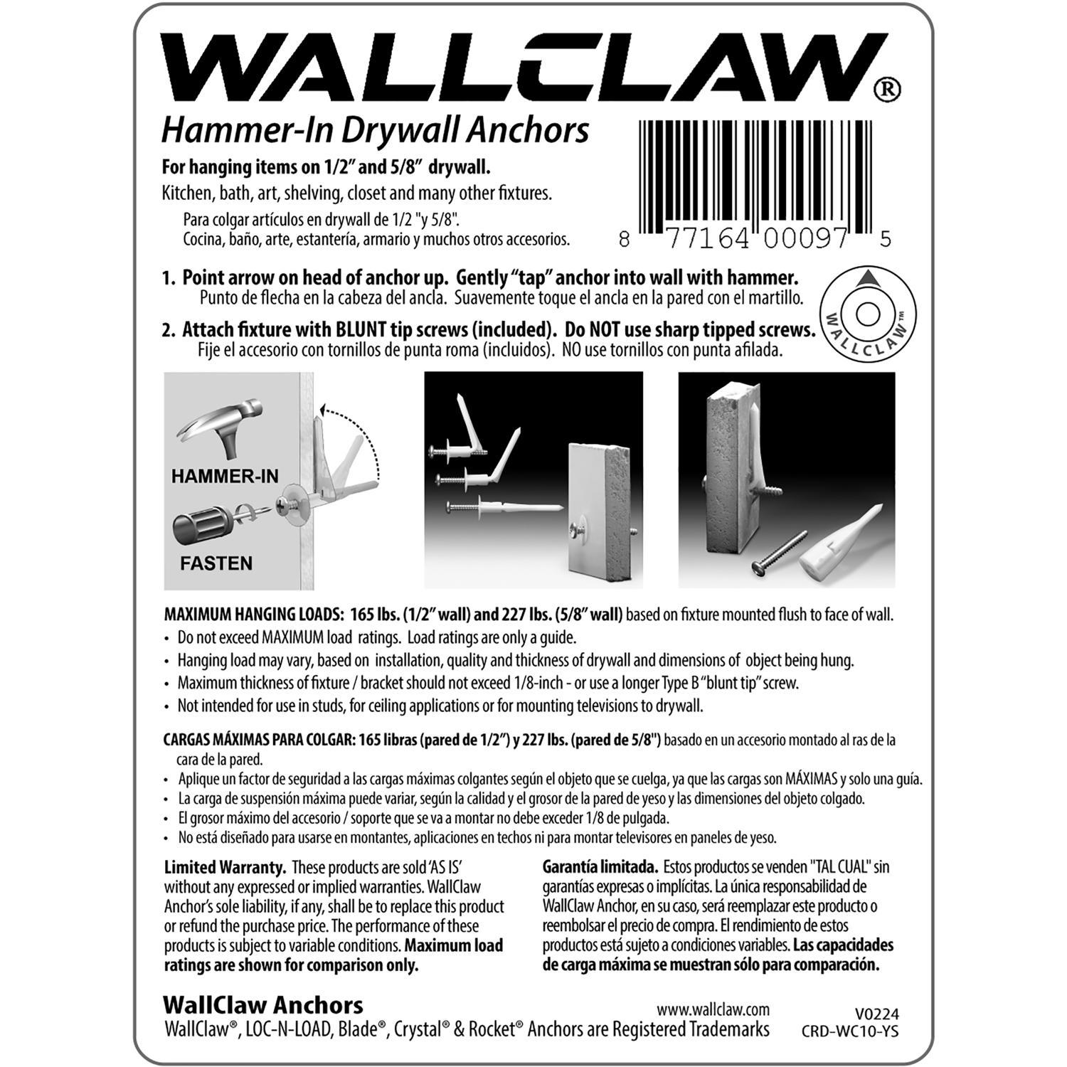 WallClaw Anchors LOC-N-LOAD.25 in. D X 2 in. L Plastic/Steel Pan Head Wallboard Anchors 10 pk