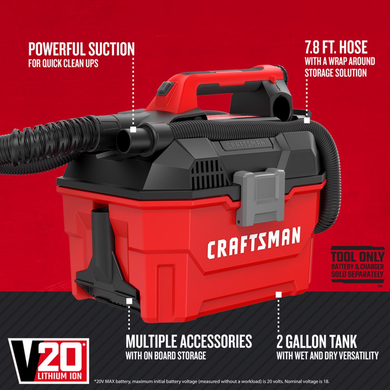 CRAFTSMAN V20 CMCV002B 2 gal Cordless Portable Wet/Dry Vacuum Tool Only