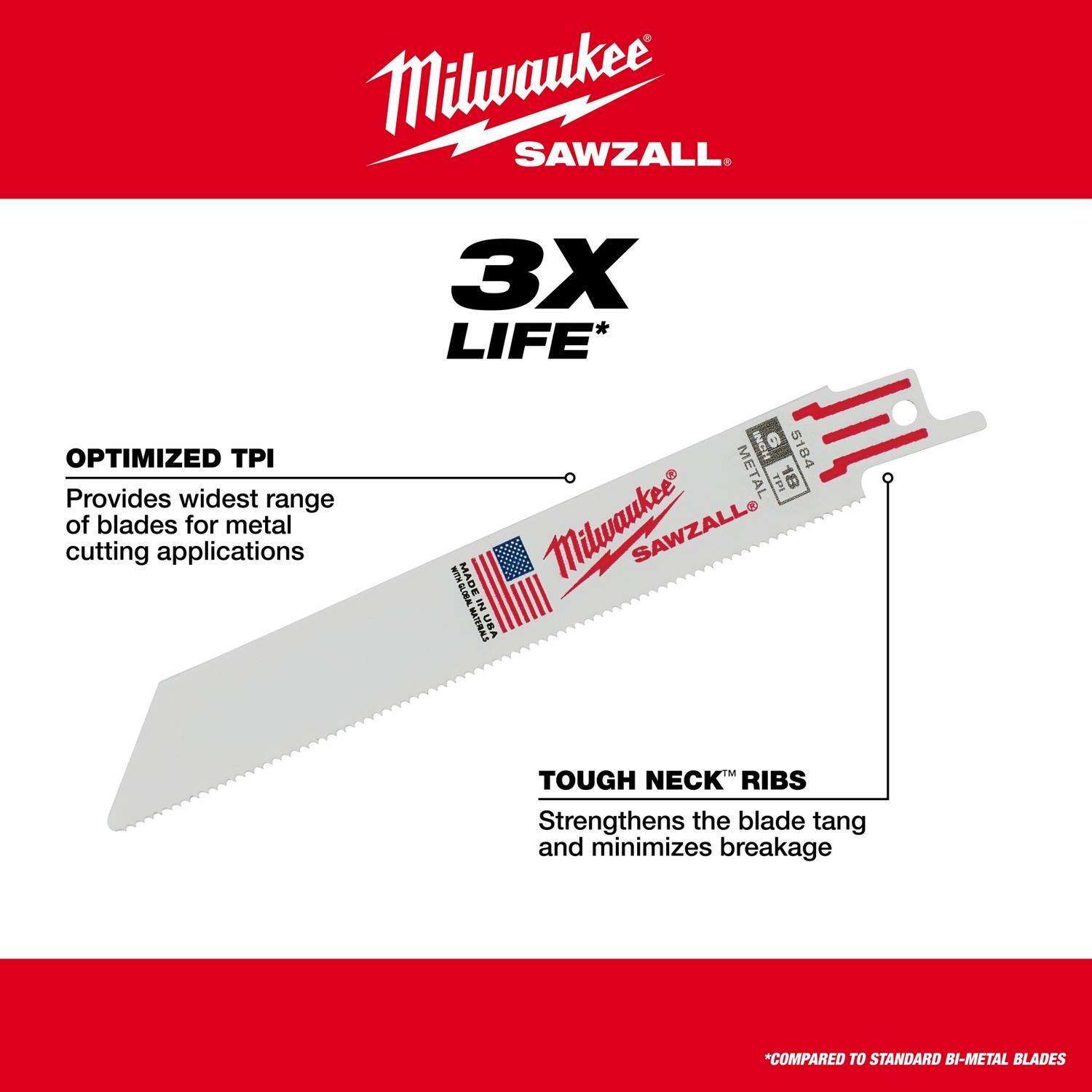 Milwaukee Sawzall 6 in. Bi-Metal Double Duty Upgrade Reciprocating Saw Blade 10 TPI 5 pk