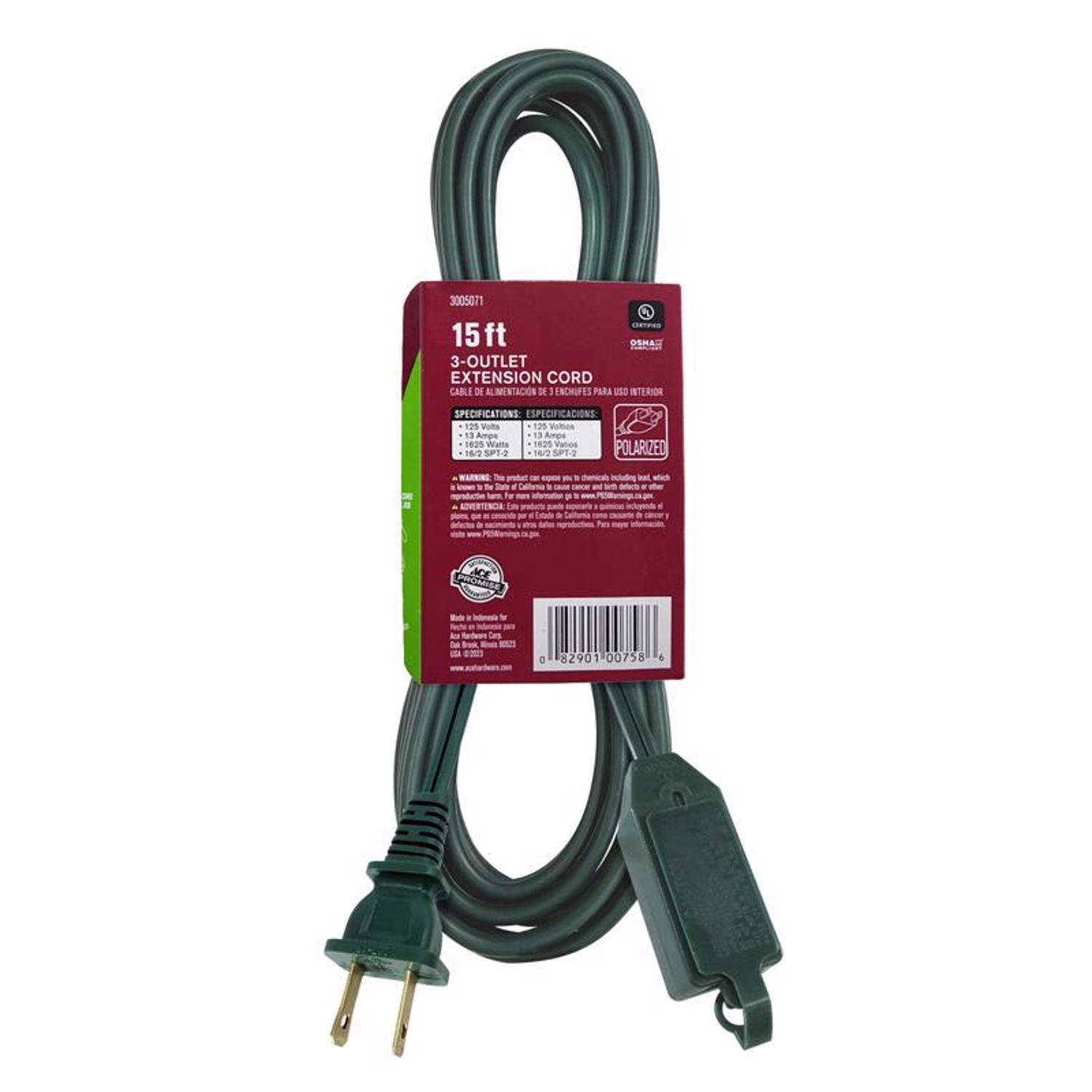 Ace Indoor 15 ft. L Green Extension Cord 16/2 SPT-2