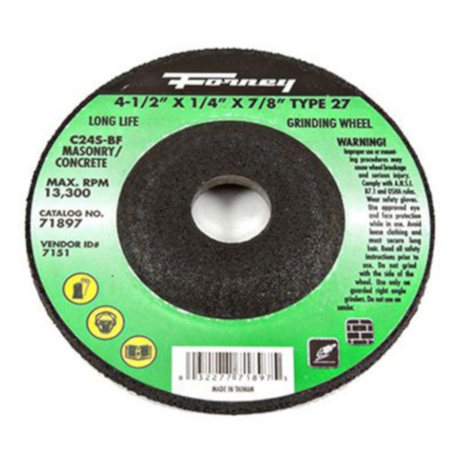 Forney 4-1/2 in. D X 7/8 in. in. X 1/4 in. thick Masonry Grinding Wheel 1 pc