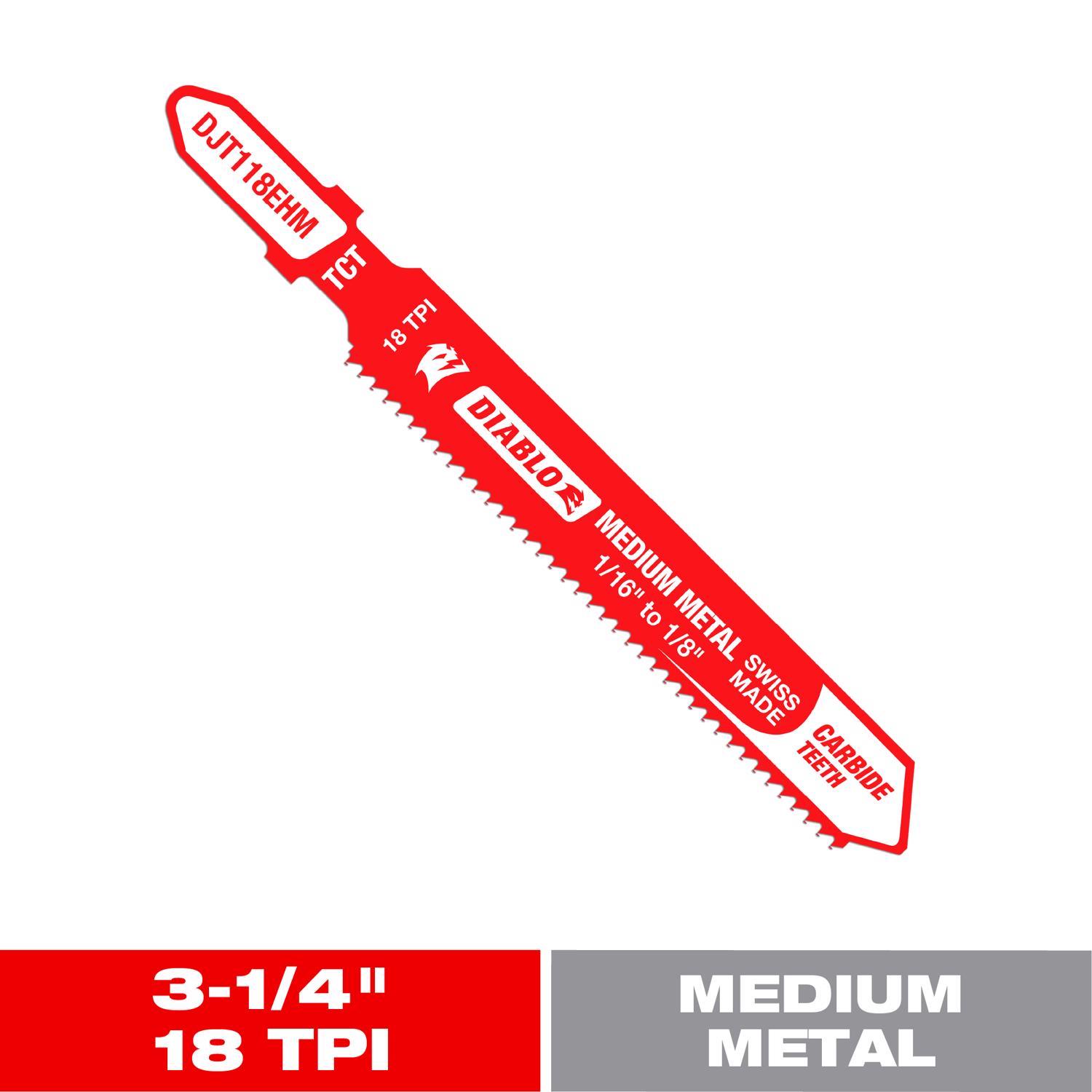 Diablo 3-1/4 in. Carbide T-Shank Medium Metal Jig Saw Blade 18 TPI 1 pk
