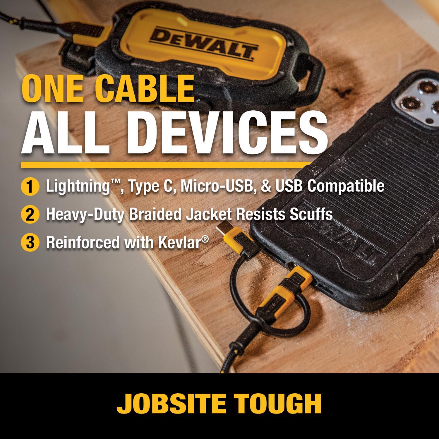 DeWalt Lightning, Type C and Micro USB 3-in-1 Cable 6 ft. Black/Yellow