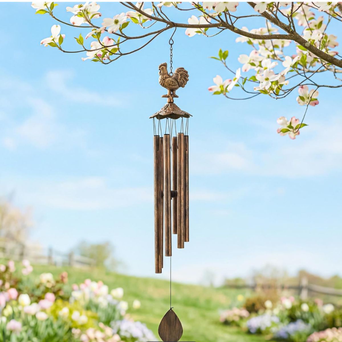 Evergreen Hillside Pasture Wind Chime Metal Rooster