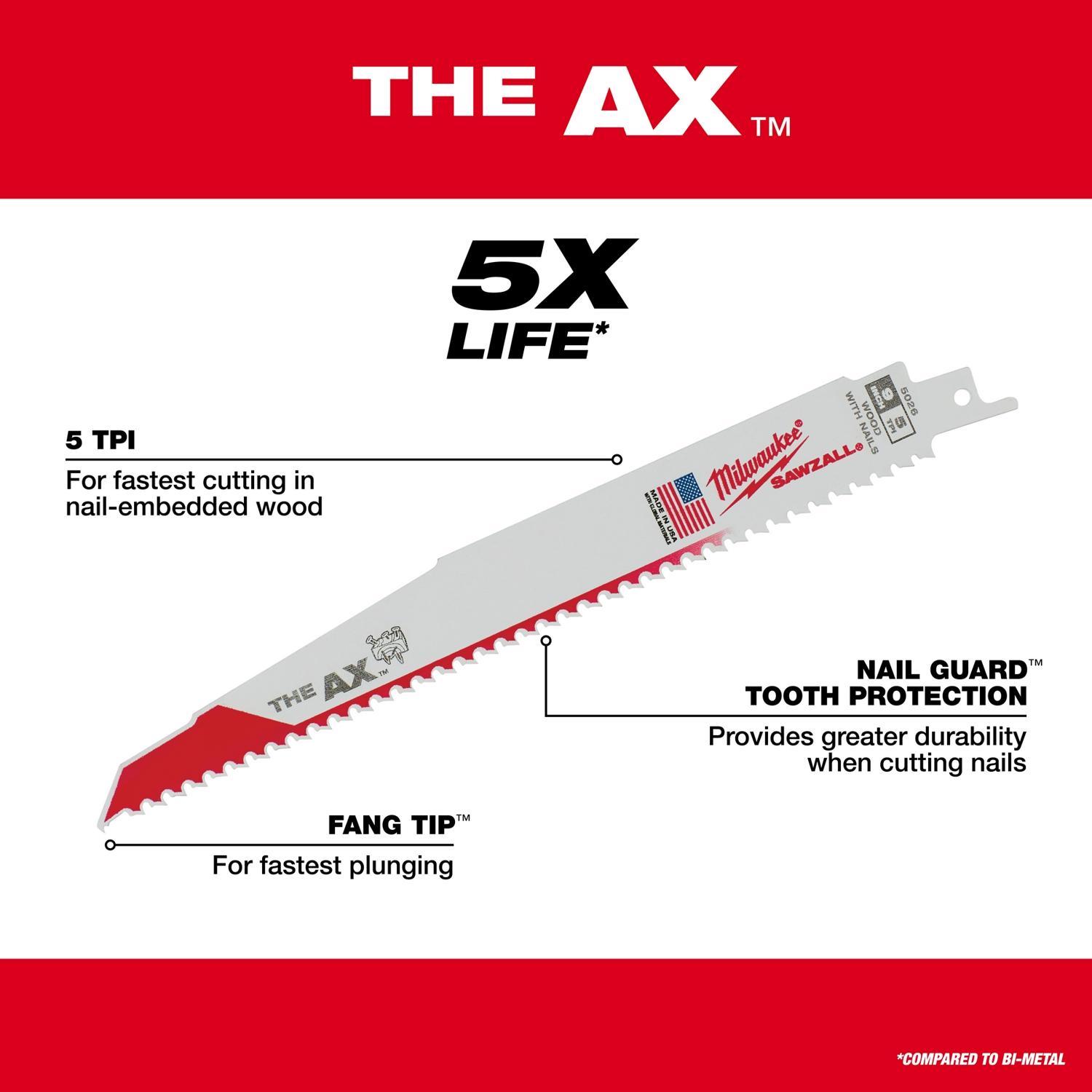 Milwaukee The Ax Sawzall 12 in. Bi-Metal Reciprocating Saw Blade 5 TPI 1 pk