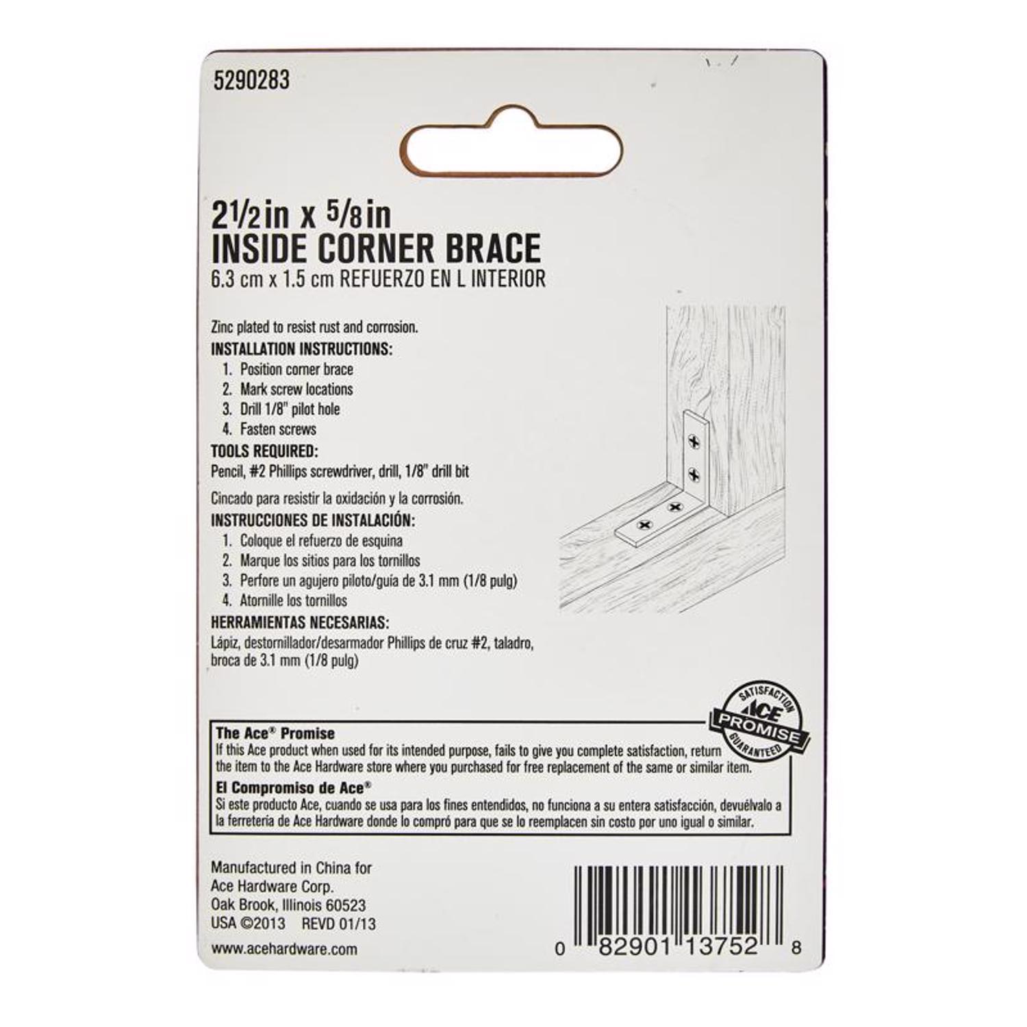 Ace 2-1/2 in. H X 3.75 in. W X 2-1/2 in. D Bright Brass Inside L Corner Brace