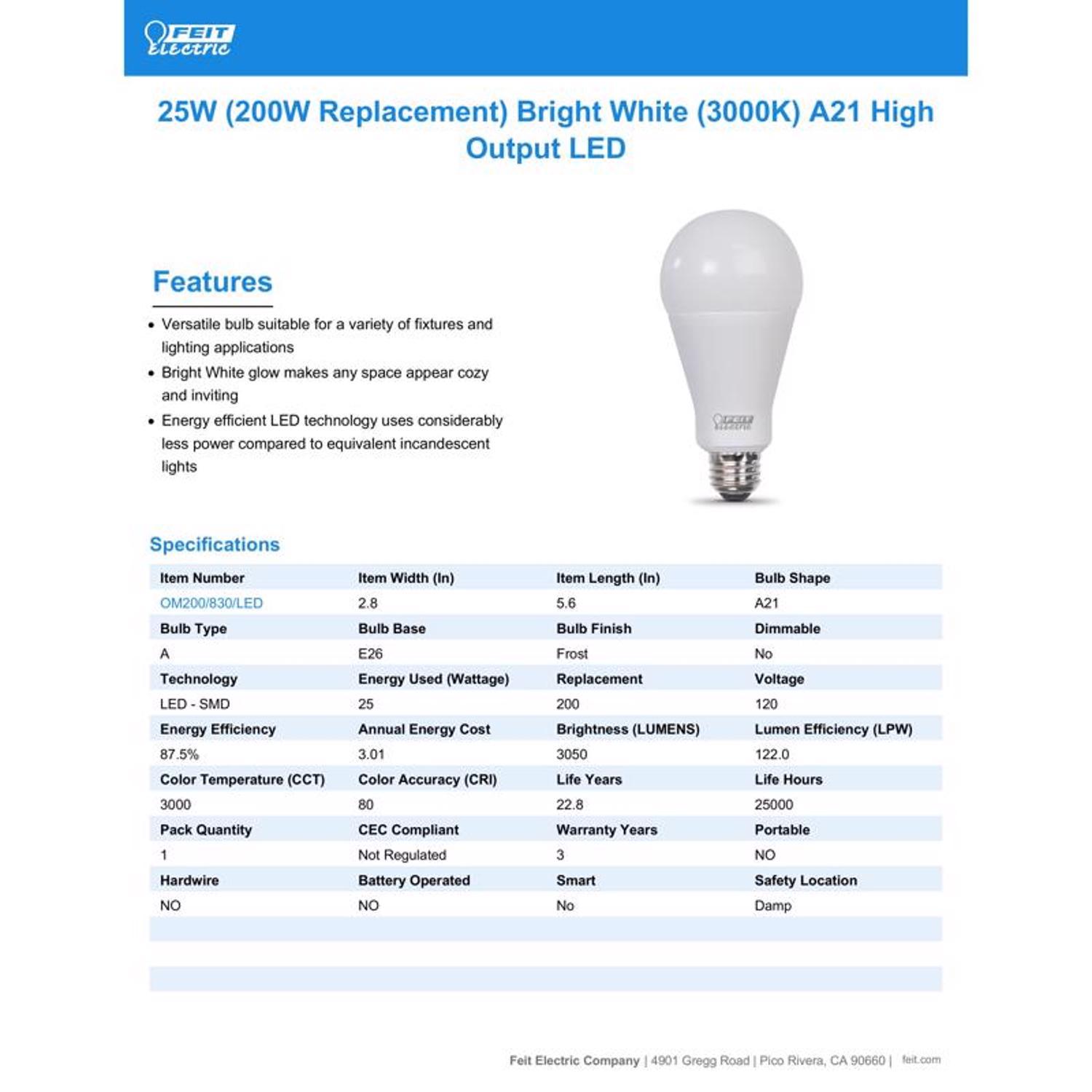 Feit A21 E26 (Medium) LED Bulb Bright White 200 Watt Equivalence 1 pk