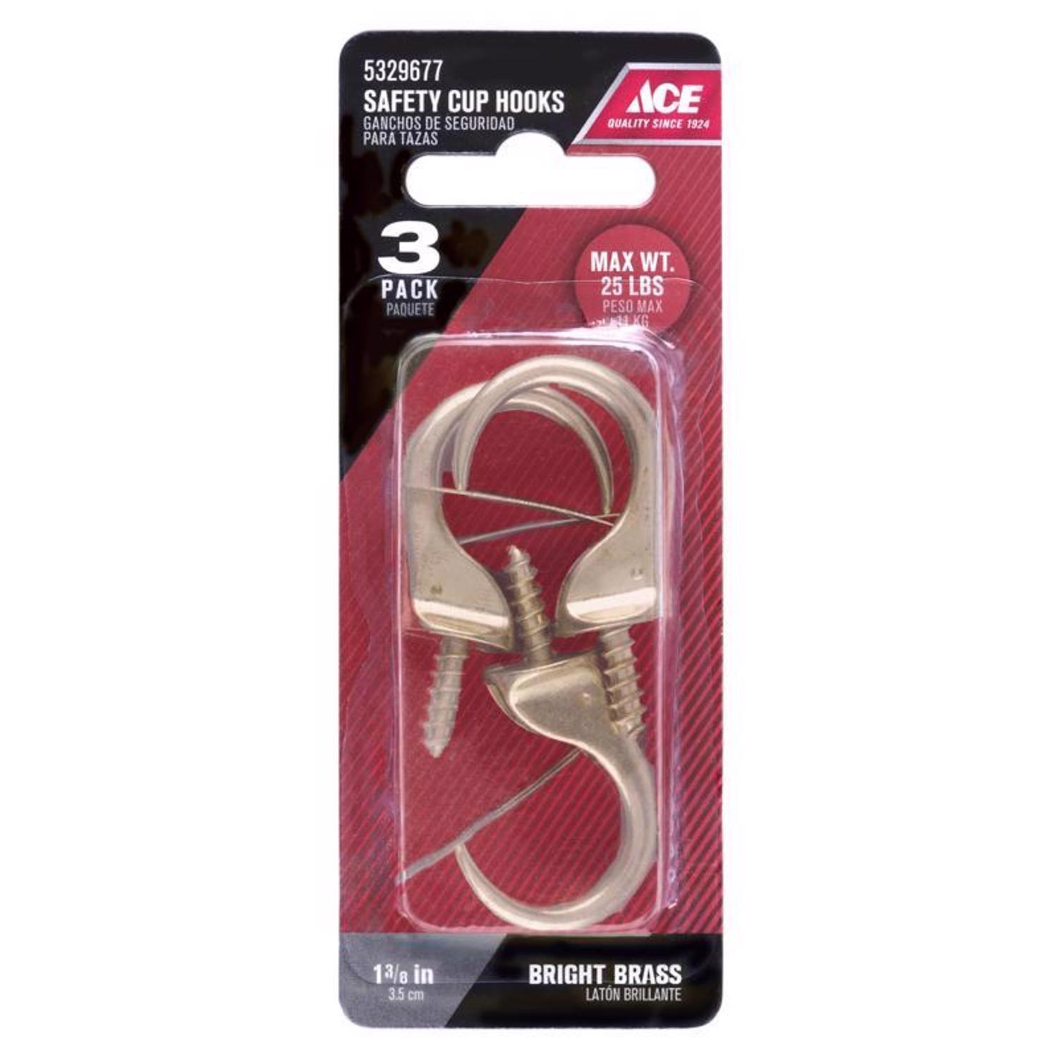 Ace Small Polished Brass Brass Steel 1.9375 in. L Cup Hook 25 lb 3 pk